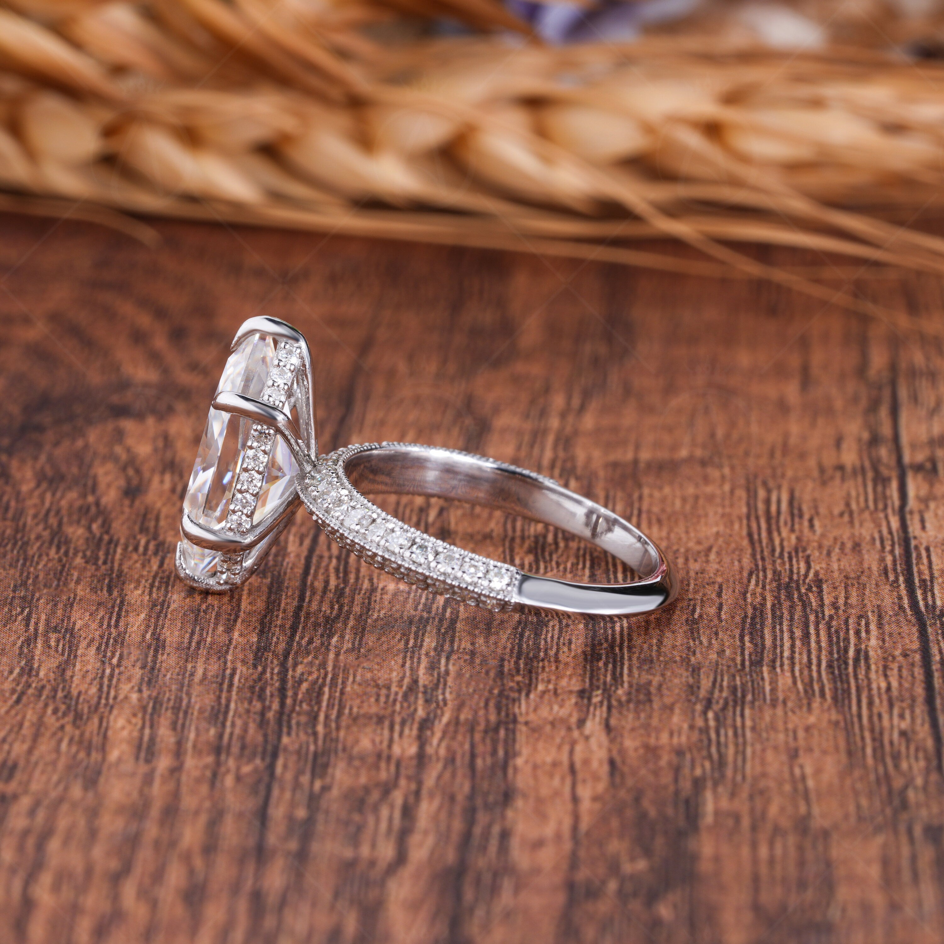 Dutch Marquise Cut Moissanite Solitaire Engagement Ring, Knife Edge Solitaire Ring With Hidden Halo, Art Deco Milgrain Ring For Women