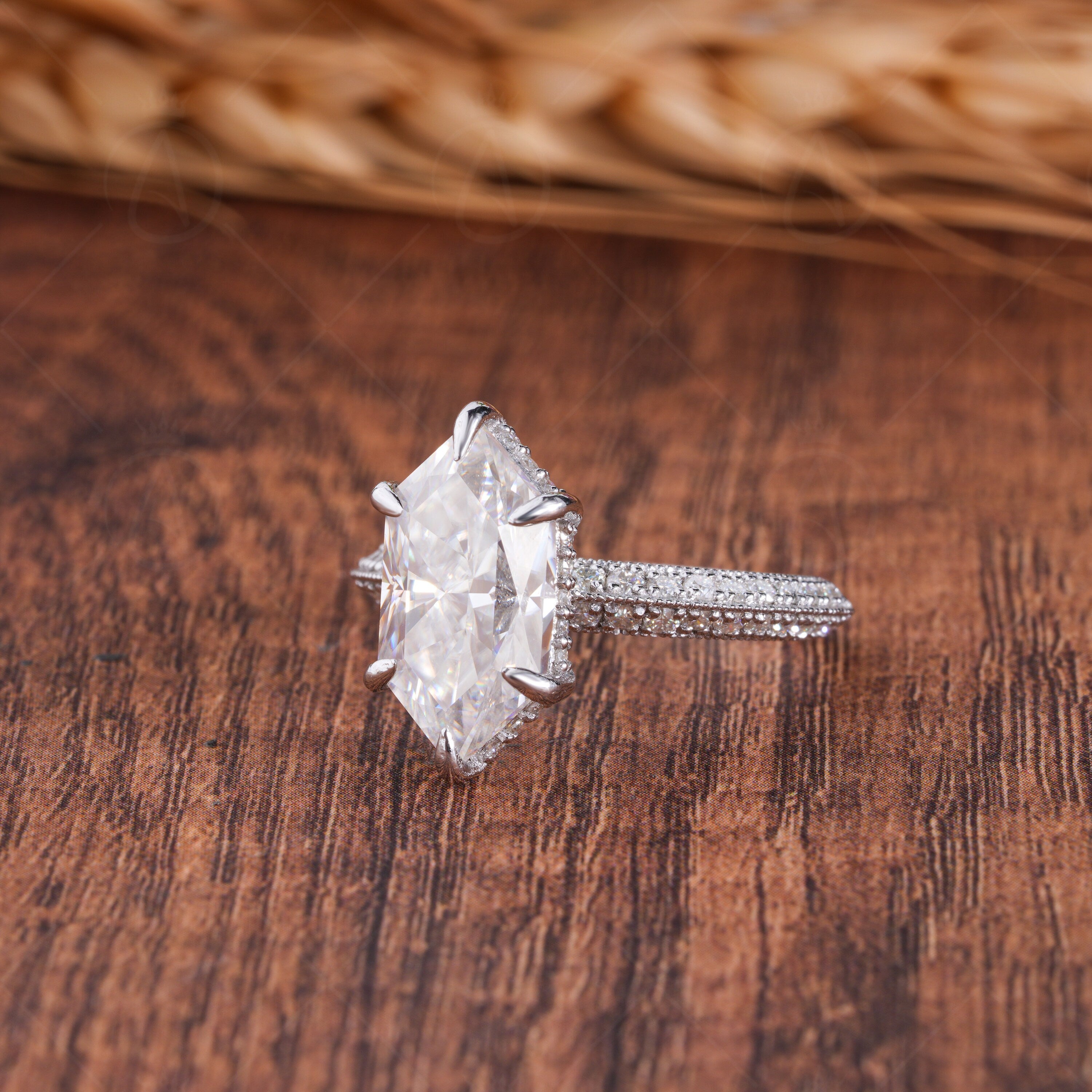 Dutch Marquise Cut Moissanite Solitaire Engagement Ring, Knife Edge Solitaire Ring With Hidden Halo, Art Deco Milgrain Ring For Women