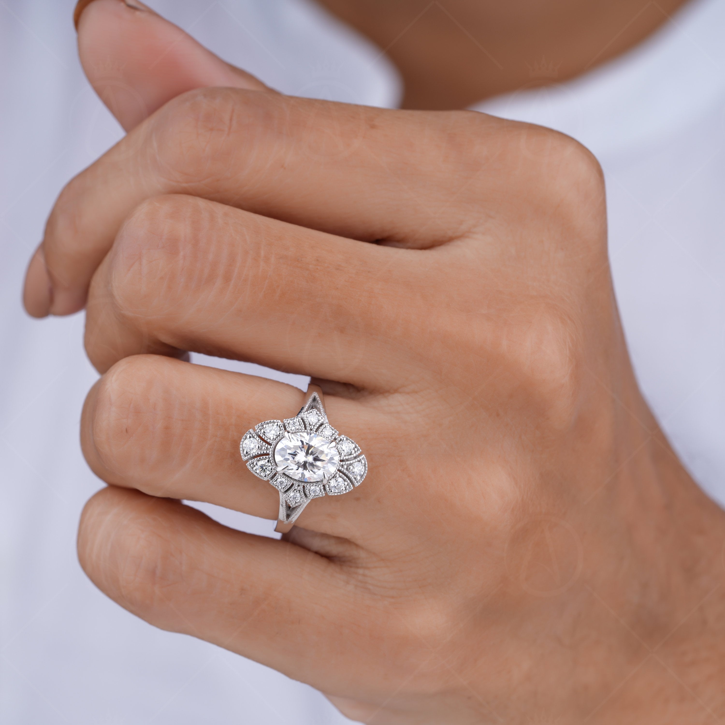 Edwardian Filigree Oval Engagement Ring, Art Deco Vintage Milgrain Ring, Oval Moissanite Rings For Women, Elongated Anniversary Ring