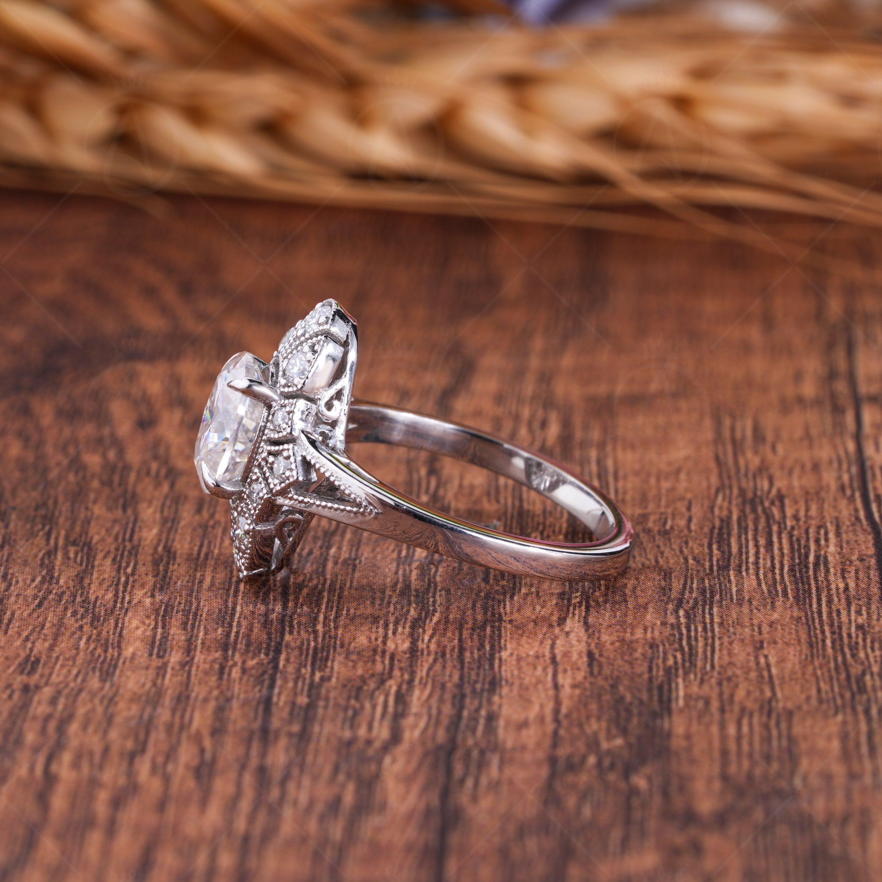 Edwardian Filigree Oval Engagement Ring, Art Deco Vintage Milgrain Ring, Oval Moissanite Rings For Women, Elongated Anniversary Ring