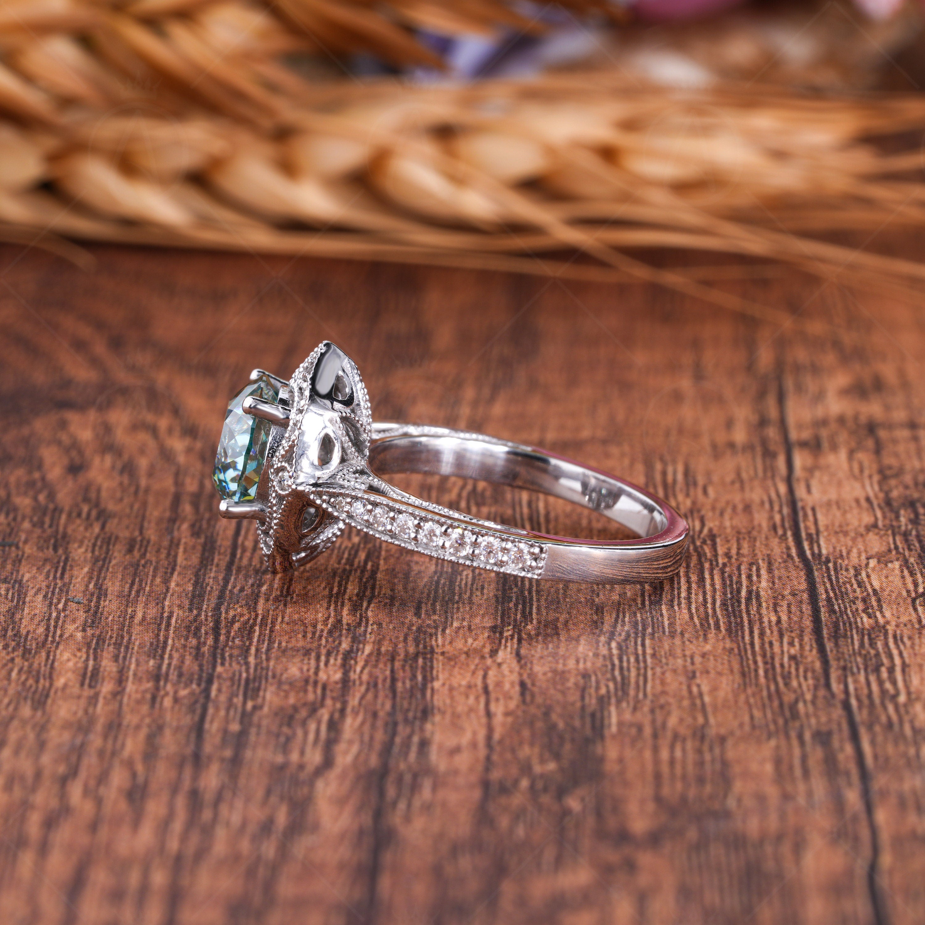 Portuguese Cut Moissanite Halo Engagement Ring, Art Deco Cyan Blue Moissanite Ring, Nature Inspired Floral Ring, Antique Filigree Ring Women