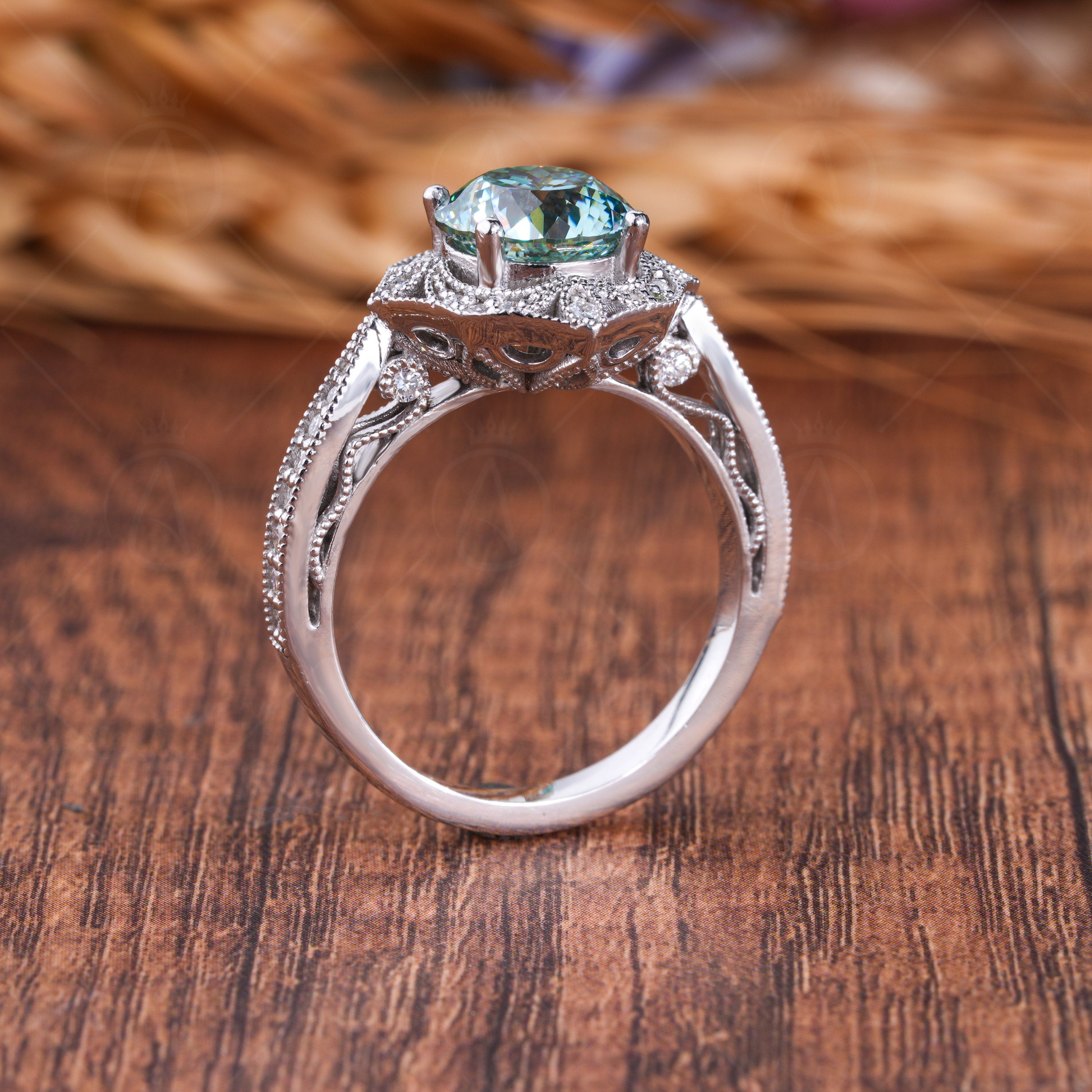 Portuguese Cut Moissanite Halo Engagement Ring, Art Deco Cyan Blue Moissanite Ring, Nature Inspired Floral Ring, Antique Filigree Ring Women