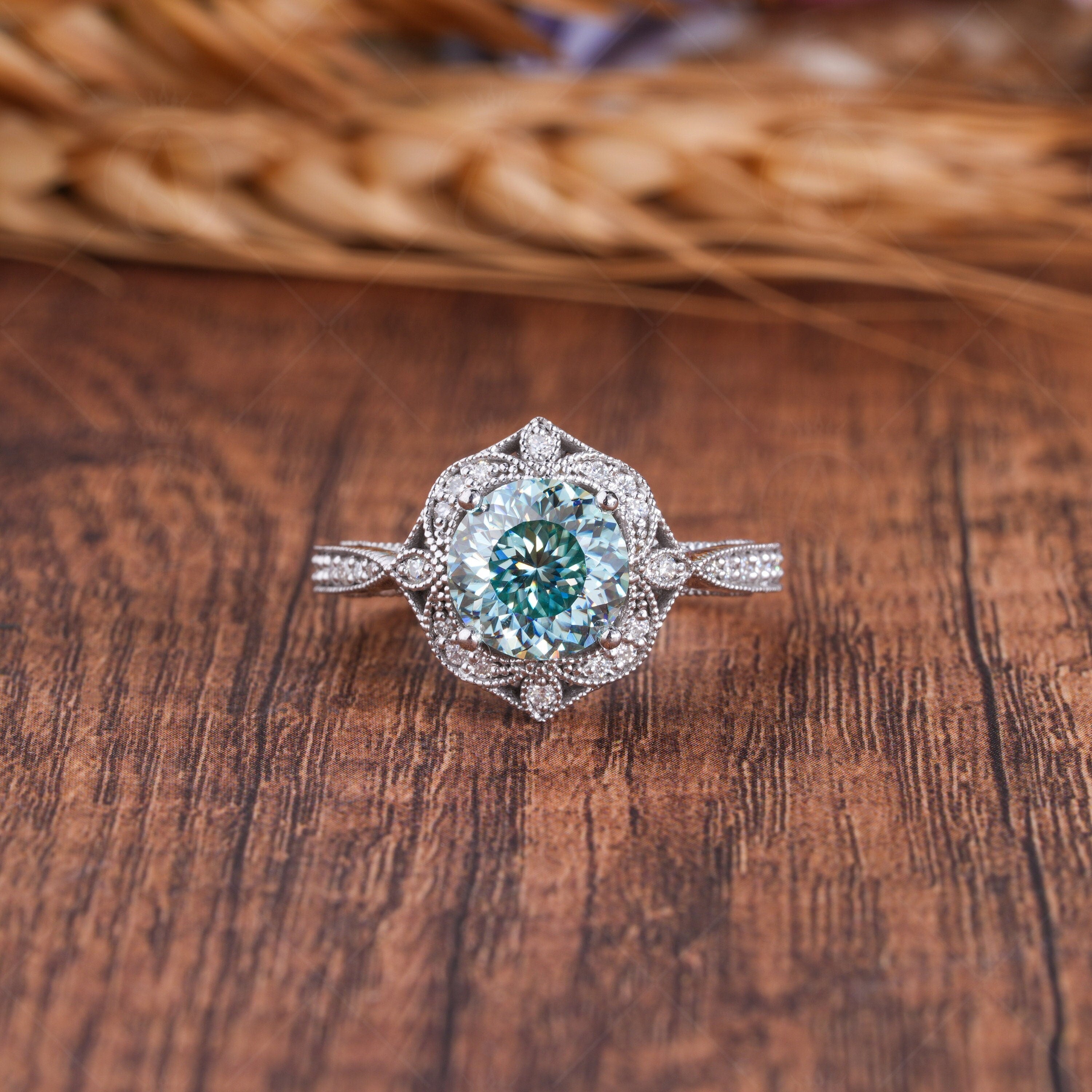 Portuguese Cut Moissanite Halo Engagement Ring, Art Deco Cyan Blue Moissanite Ring, Nature Inspired Floral Ring, Antique Filigree Ring Women