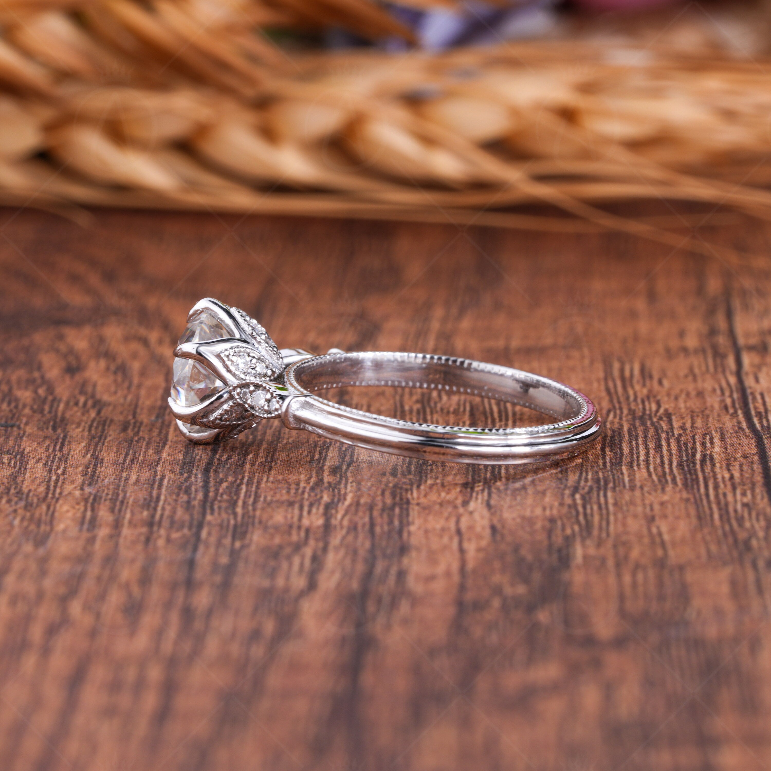 Old European Cut Moissanite Solitaire Engagement Ring, Tulip Setting Old Mine Cut Ring, Antique Vintage Filigree Rings For Women, OMC Moissanite Diamond Ring, OEC Moissanite Ring, Art Deco Nature Inspired Ring, Flower Petal Ring