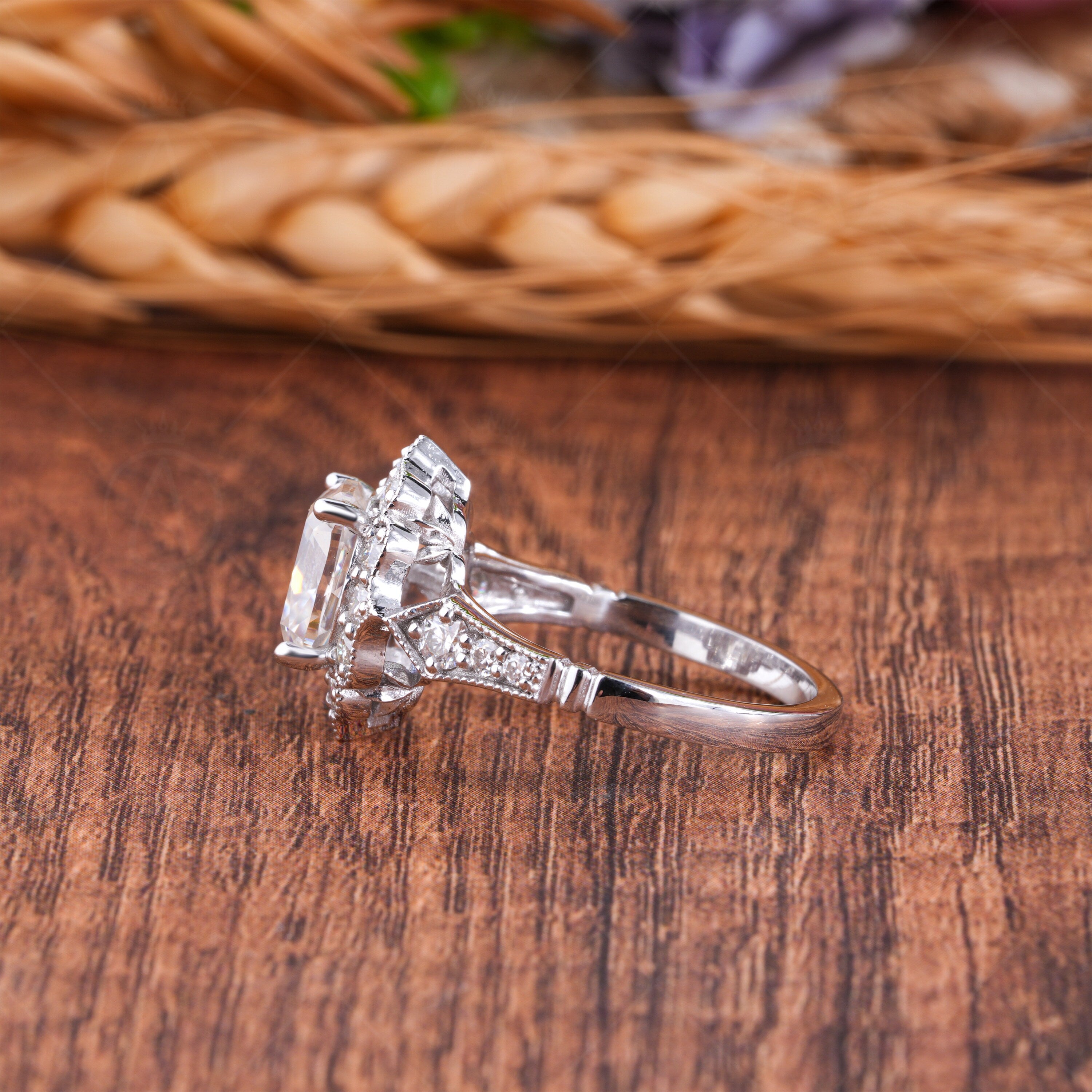 Antique Old European Cut Cushion Cut Engagement Ring, Vintage OEC Moissanite Flower Ring, Old Mine Cut Art Deco Milgrain Rings For Women, Nature Inspired Floral Ring, Elongated Cushion Cut Ring, Vintage Filigree Ring