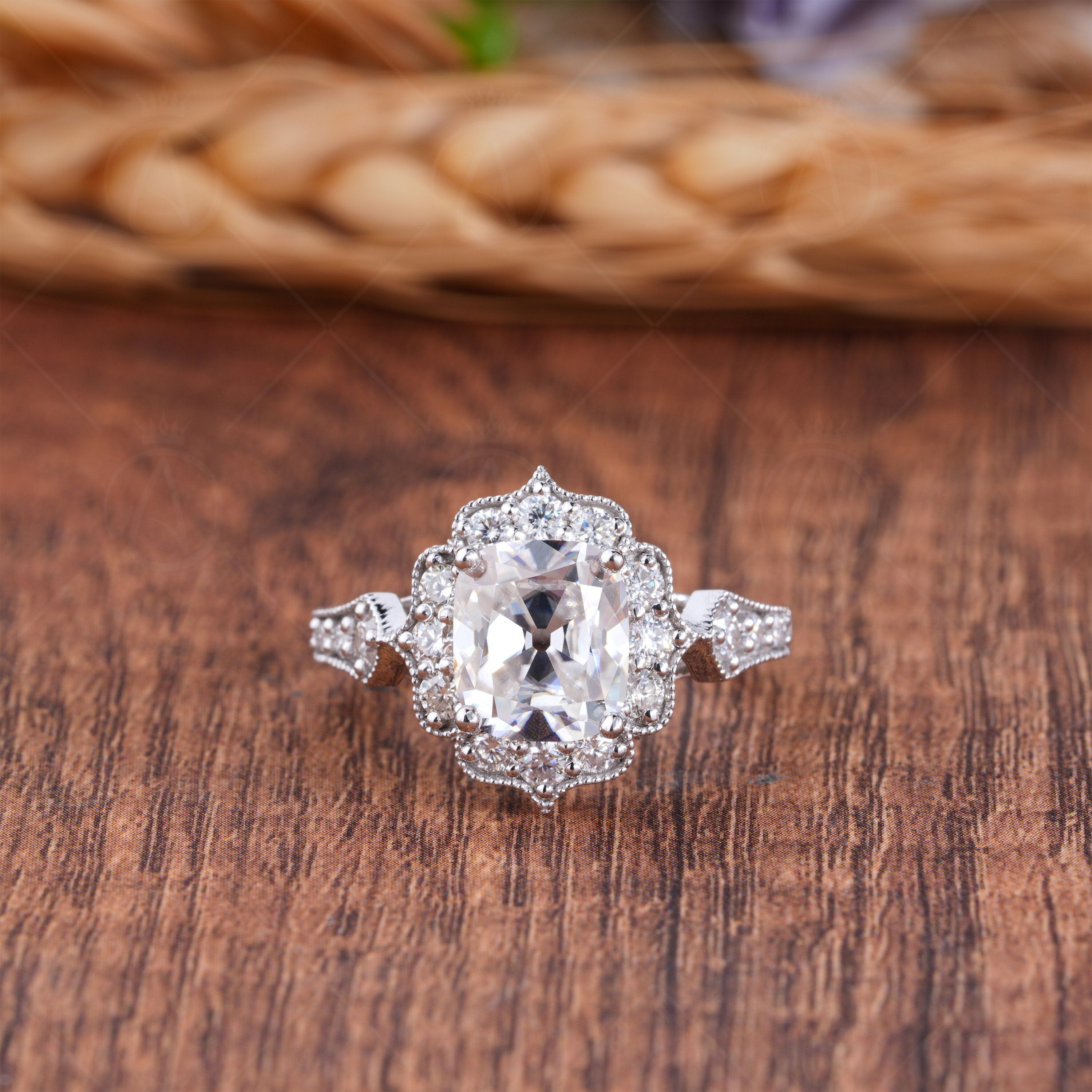 Antique Old European Cut Cushion Cut Engagement Ring, Vintage OEC Moissanite Flower Ring, Old Mine Cut Art Deco Milgrain Rings For Women, Nature Inspired Floral Ring, Elongated Cushion Cut Ring, Vintage Filigree Ring