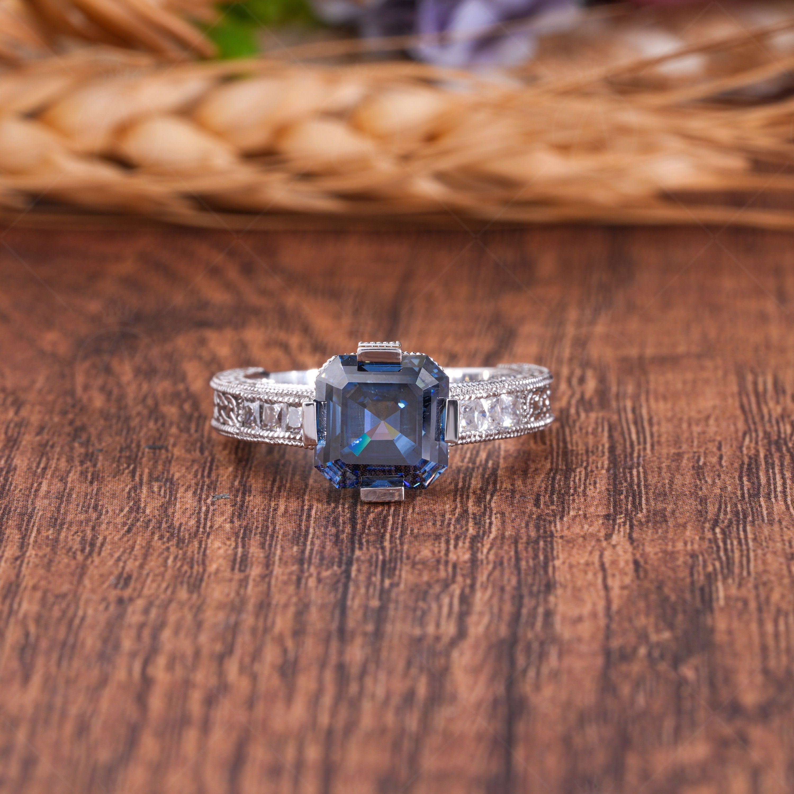 Electric Dark Blue Moissanite Asscher Cut Engagement Ring, Antique Vintage Carved Ring, Art Deco Filigree Rings For Women, Unique Ring, Engraved Vintage Ring, Blue Moissanite Ring