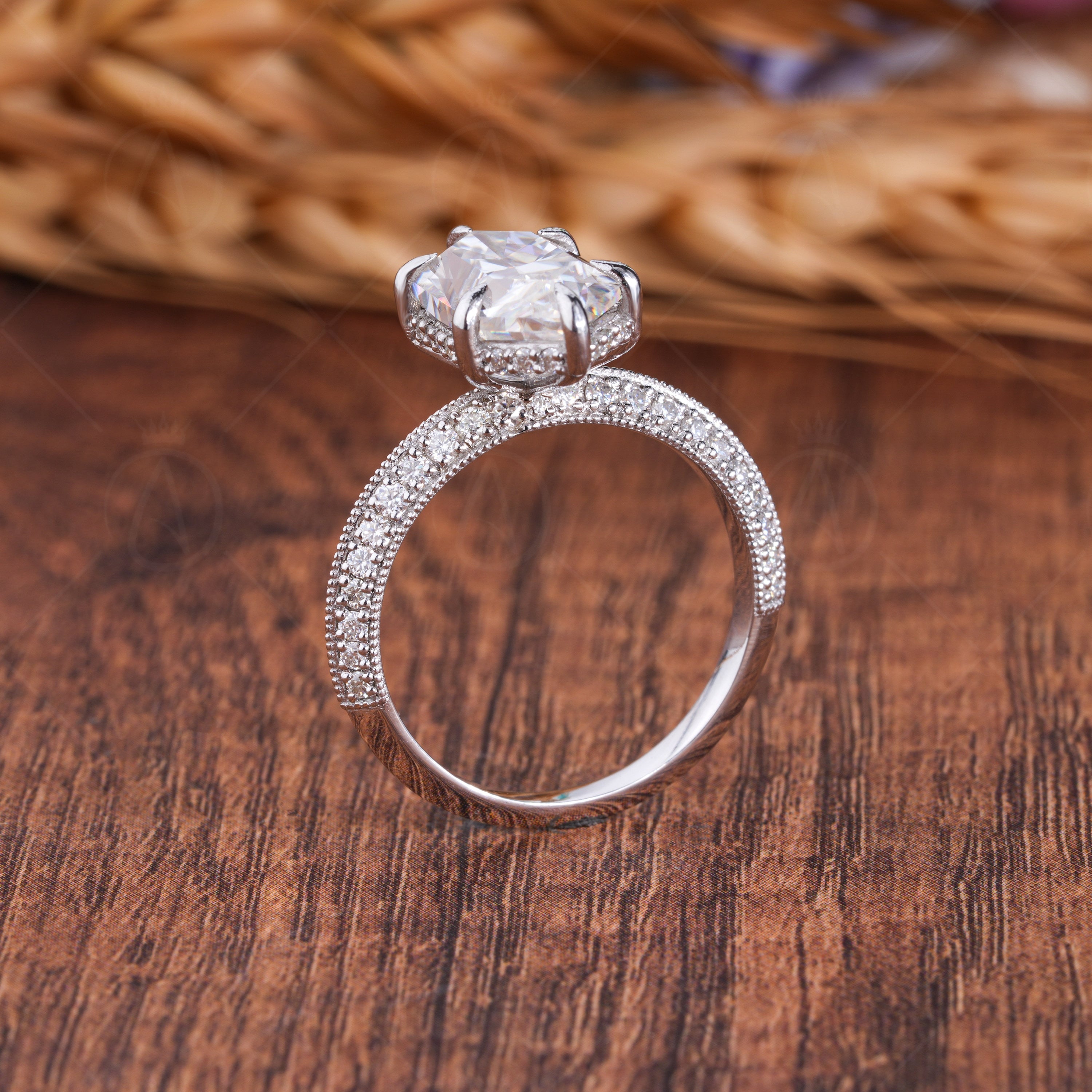 Dutch Marquise Cut Moissanite Solitaire Engagement Ring, Knife Edge Solitaire Ring With Hidden Halo, Art Deco Milgrain Ring For Women