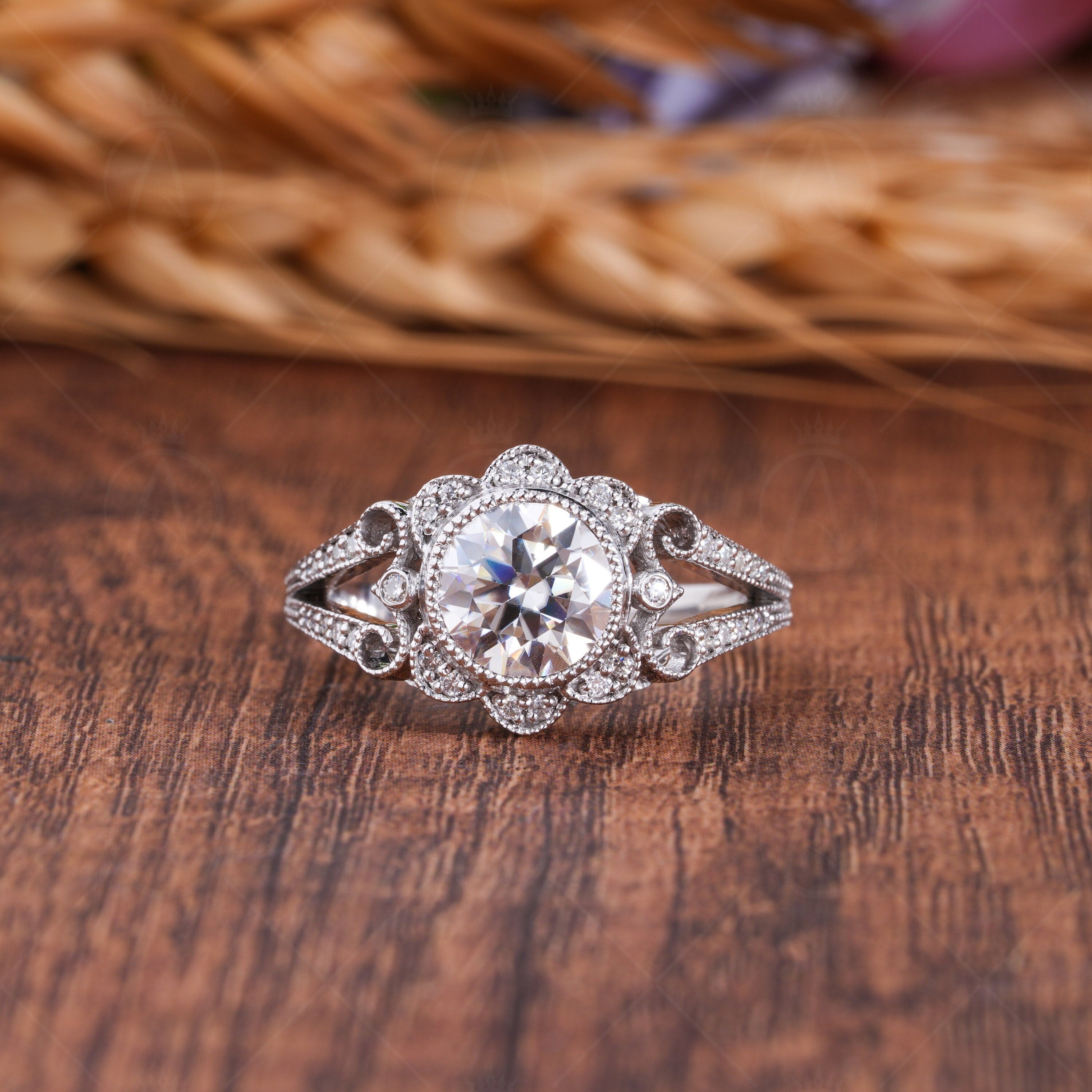 Art Deco Bezel Set Round Split Shank Engagement Ring