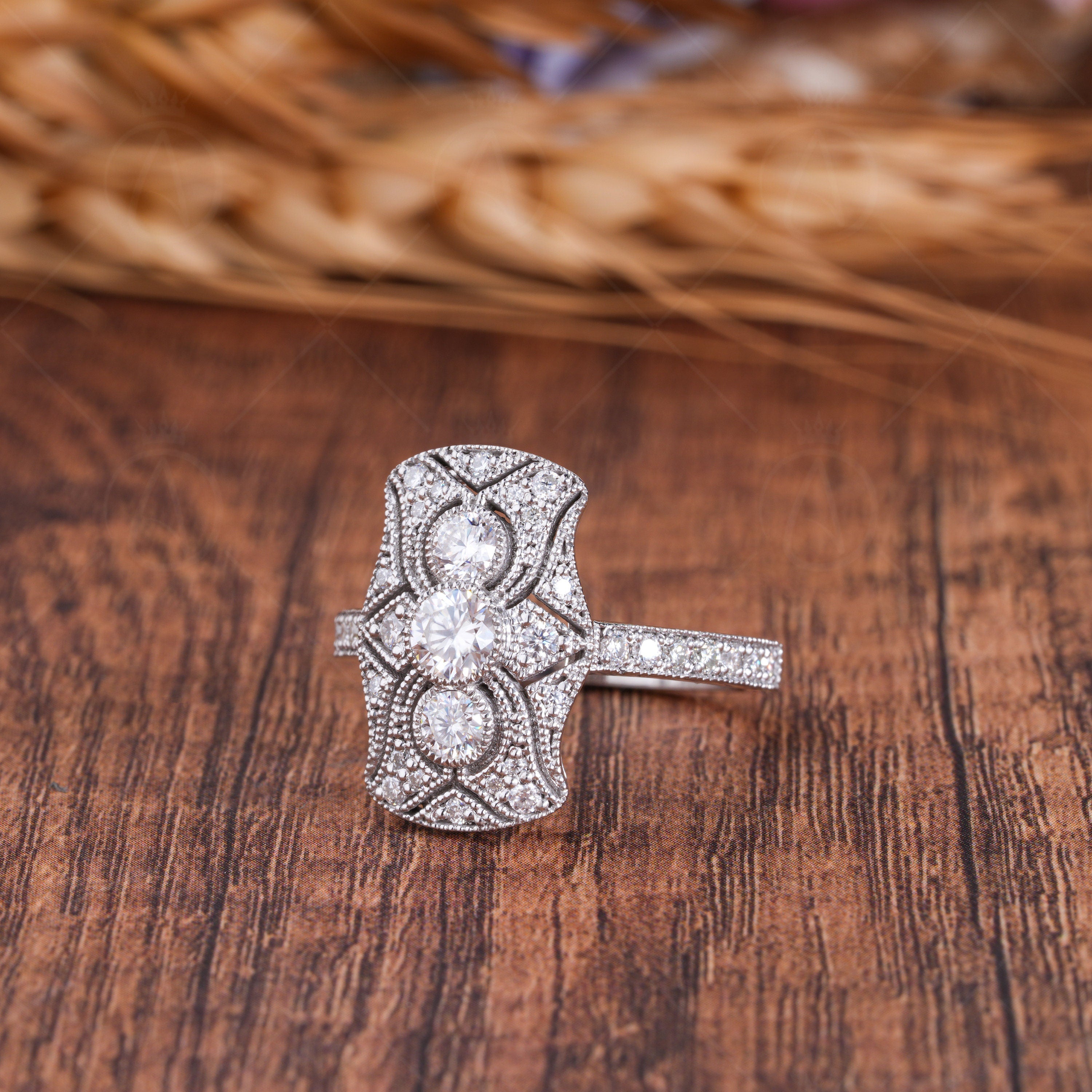 Antique Edwardian Engagement Ring For Women, Filigree Victorian Style Ring, Moissanite Art Deco Milgrain Ring, Unique Cocktail Ring, Elongated Statement Ring, Retro Ring
