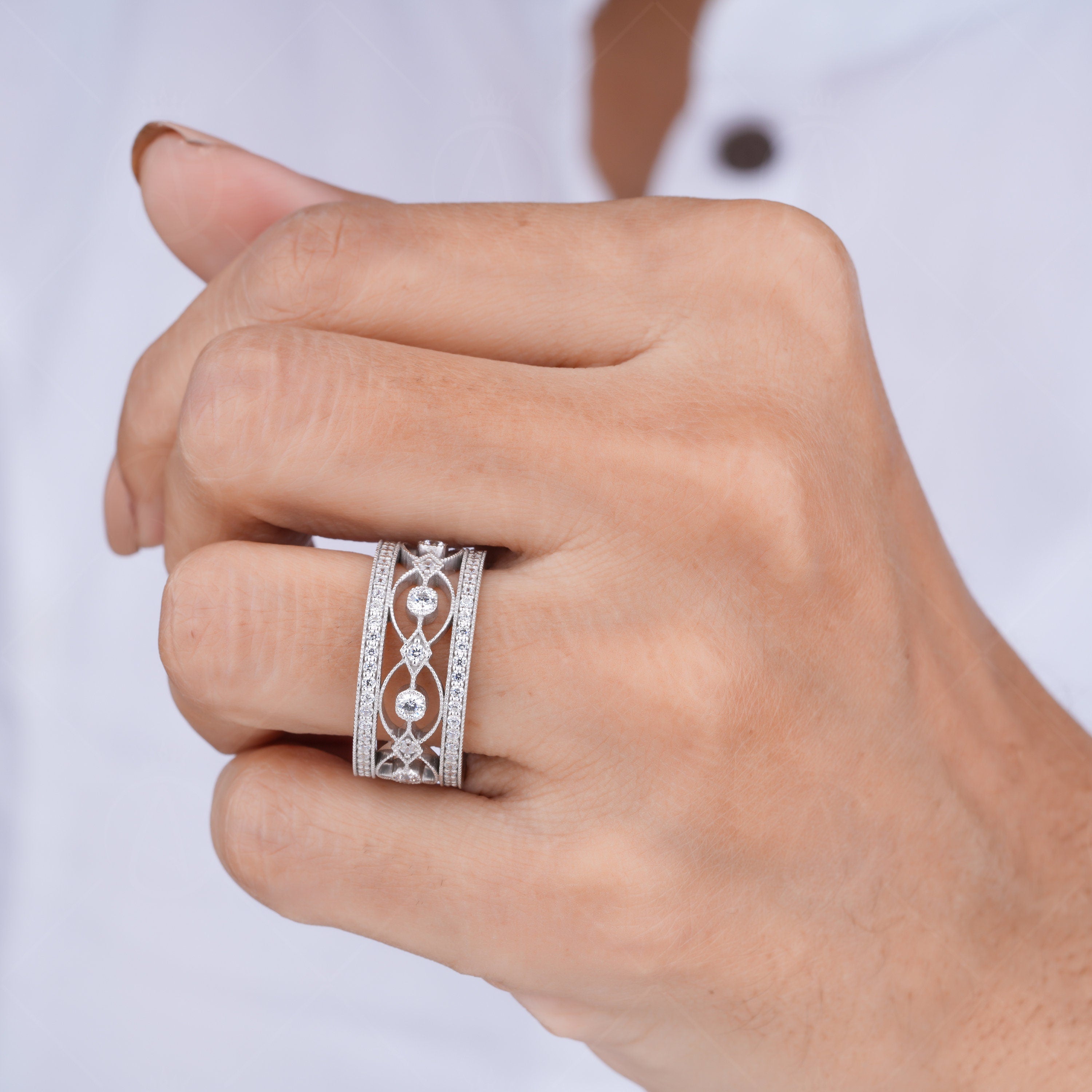 Vintage Filigree Wedding Anniversary Bands For Women, Unique Milgrain Art Deco Band, Wide Wedding Band Ring, Estate Jewelry Rings