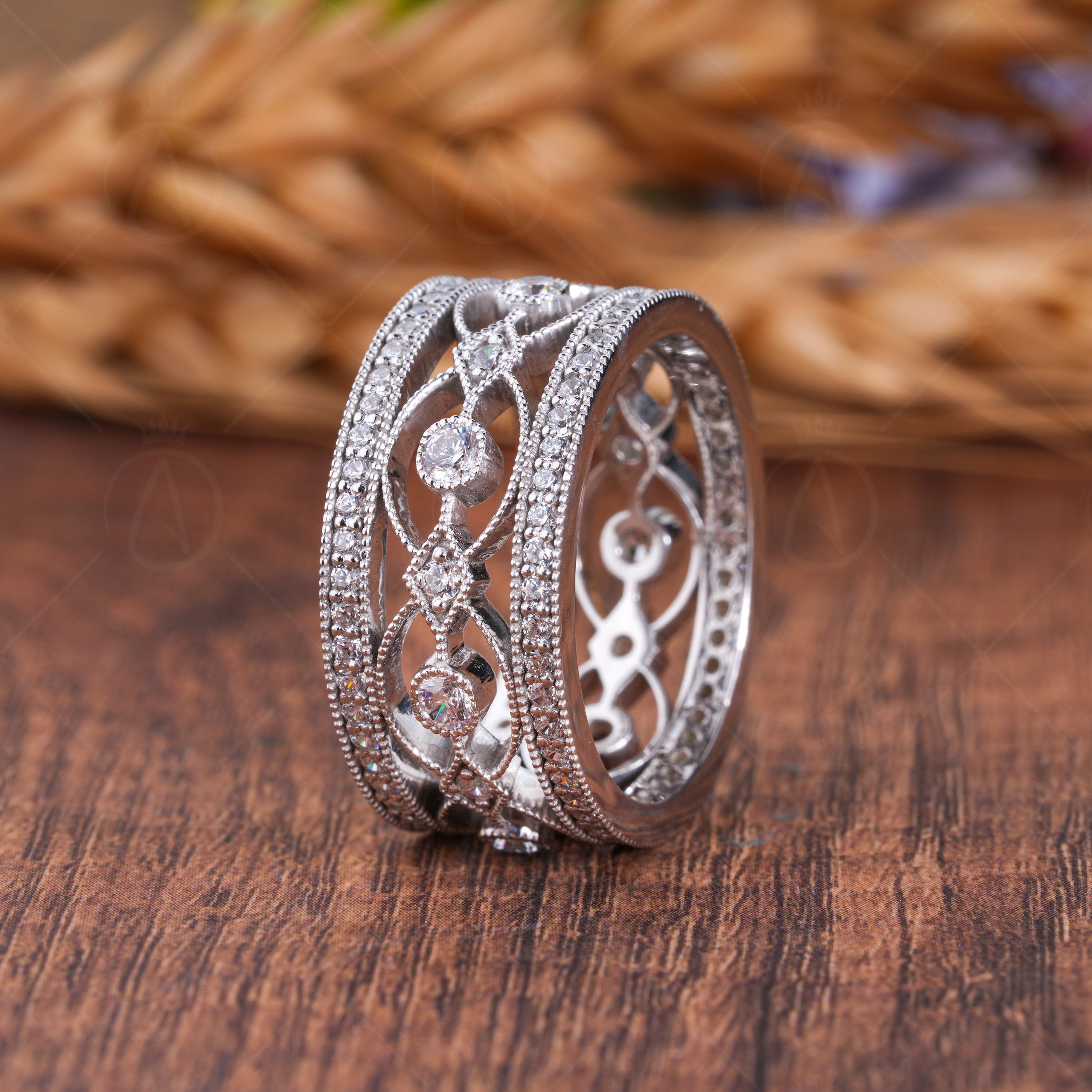 Vintage Filigree Wedding Anniversary Bands For Women, Unique Milgrain Art Deco Band, Wide Wedding Band Ring, Estate Jewelry Rings