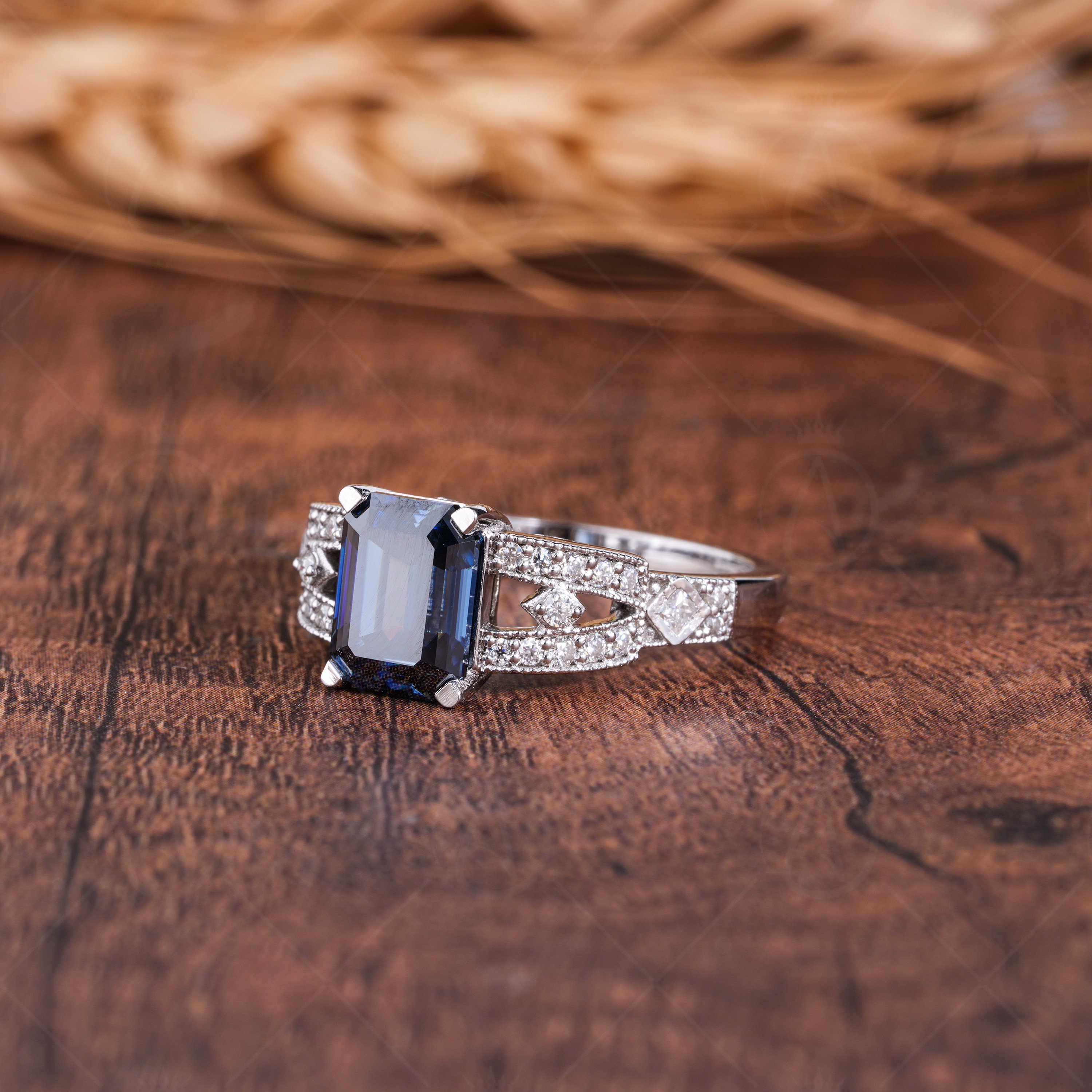 Blue Moissanite Emerald Cut Engagement Ring, Vintage Electric Blue Stone Ring, Art Deco Milgrain Ring For Women, Unique Promise Ring, Blue Moissanite Ring, Anniversary Ring, Antique Style Ring