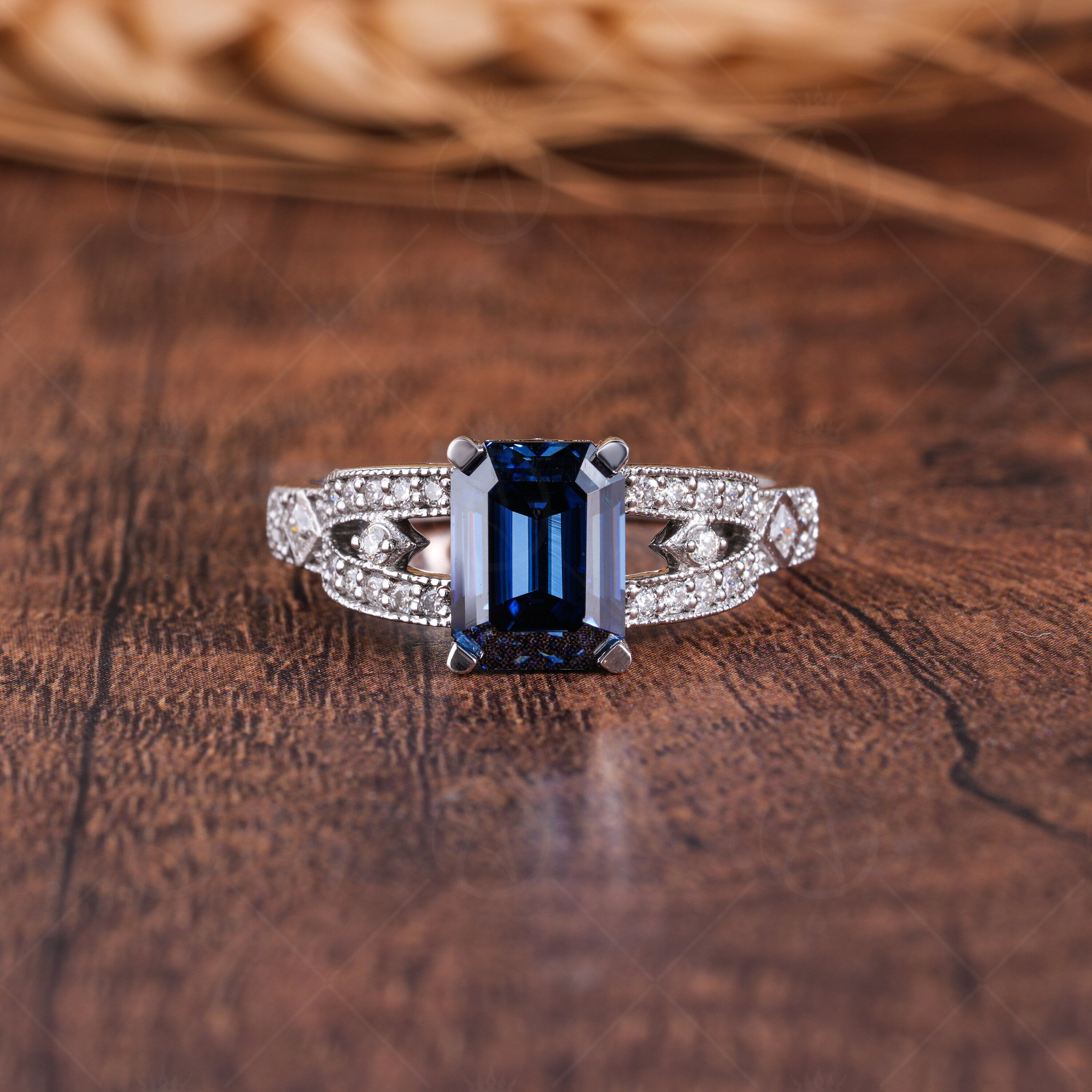 Blue Moissanite Emerald Cut Engagement Ring, Vintage Electric Blue Stone Ring, Art Deco Milgrain Ring For Women, Unique Promise Ring, Blue Moissanite Ring, Anniversary Ring, Antique Style Ring