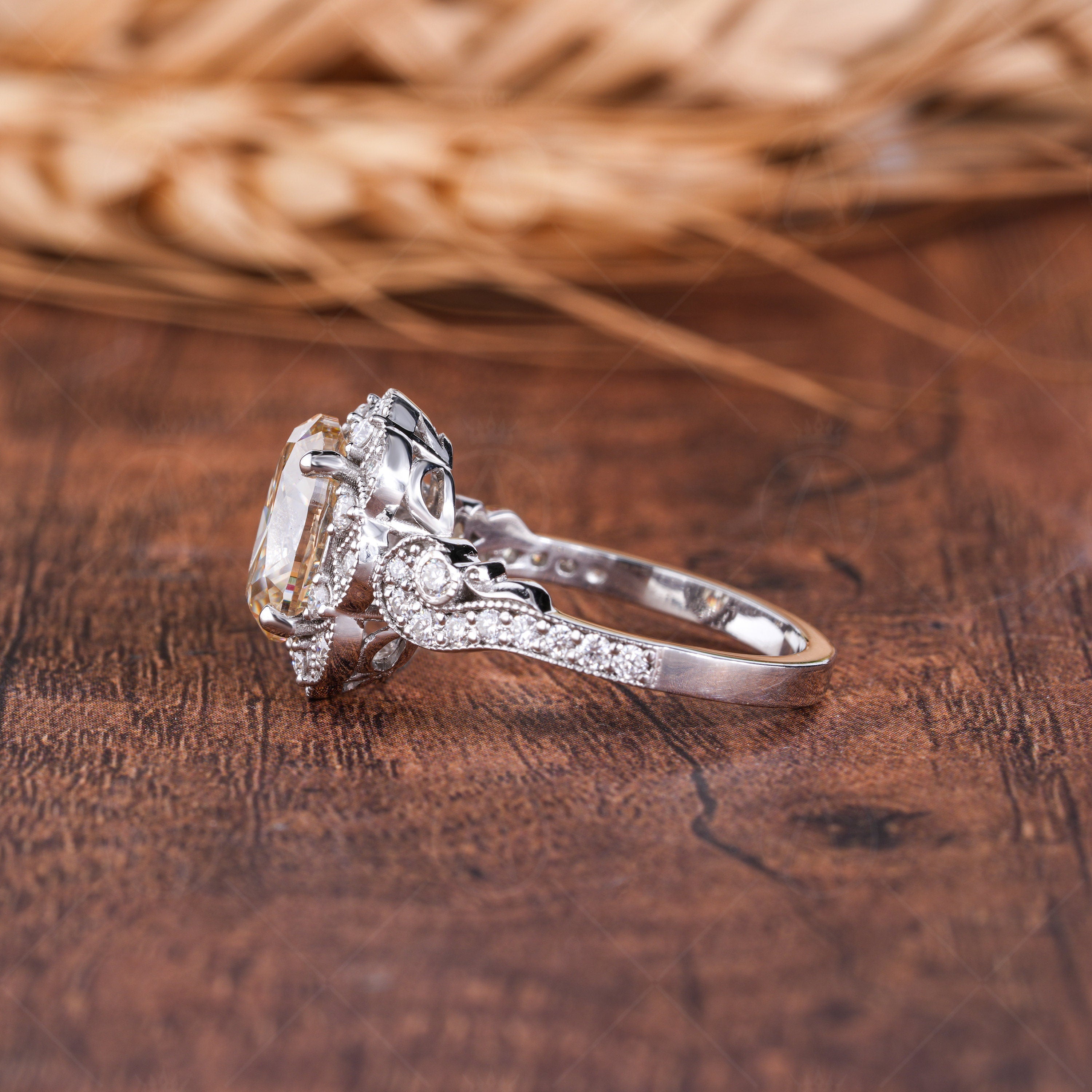 Canary Yellow Oval Moissanite Engagement Ring, Antique Filigree Vintage Ring, Yellow Elongated Oval Moissanite Halo Ring, Art Deco Ring, Milgrain Ring