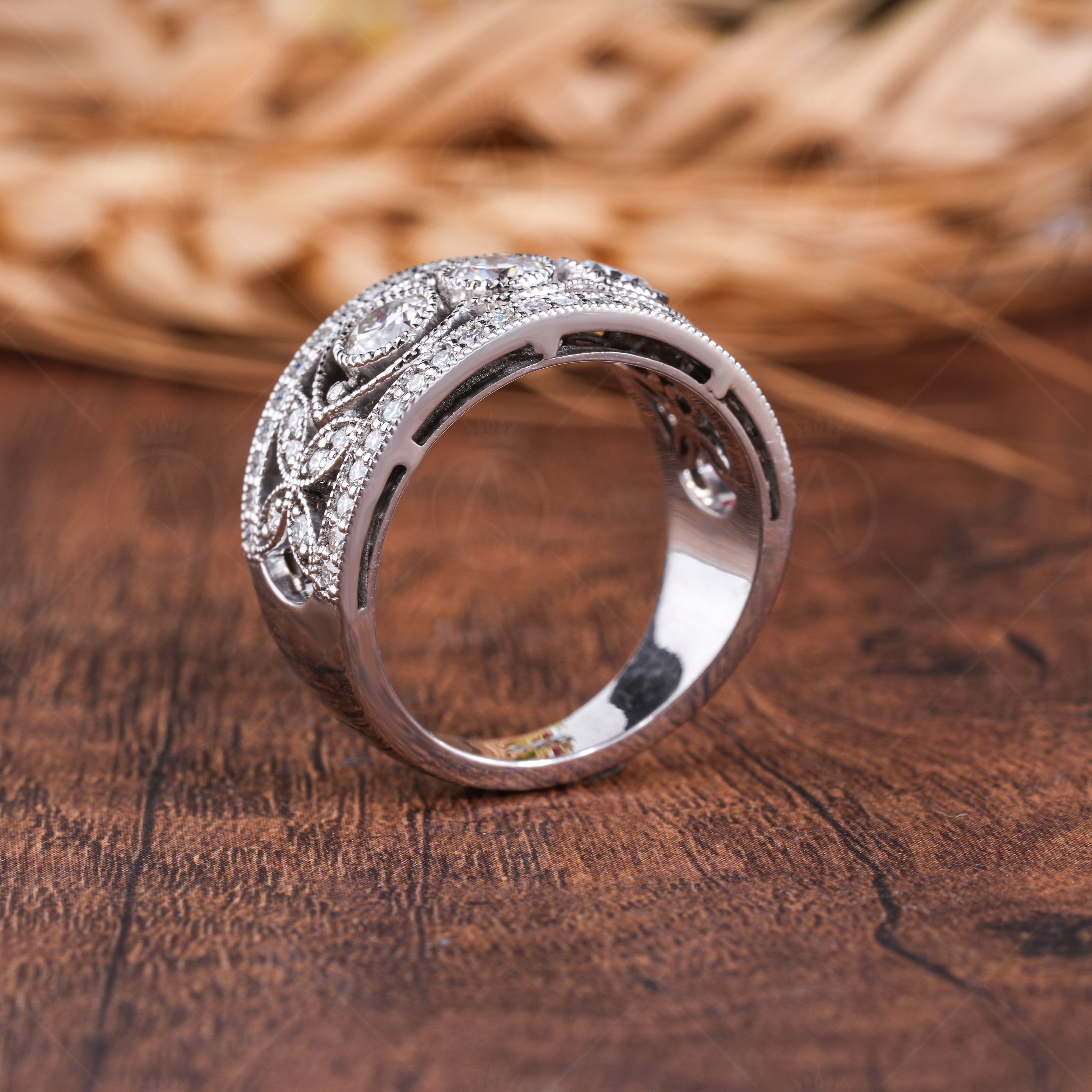 Vintage Filigree Wedding Bands Women, Antique Art Deco Wide Anniversary Ring, Edwardian Style Milgrain Band, Estate Jewelry Rings