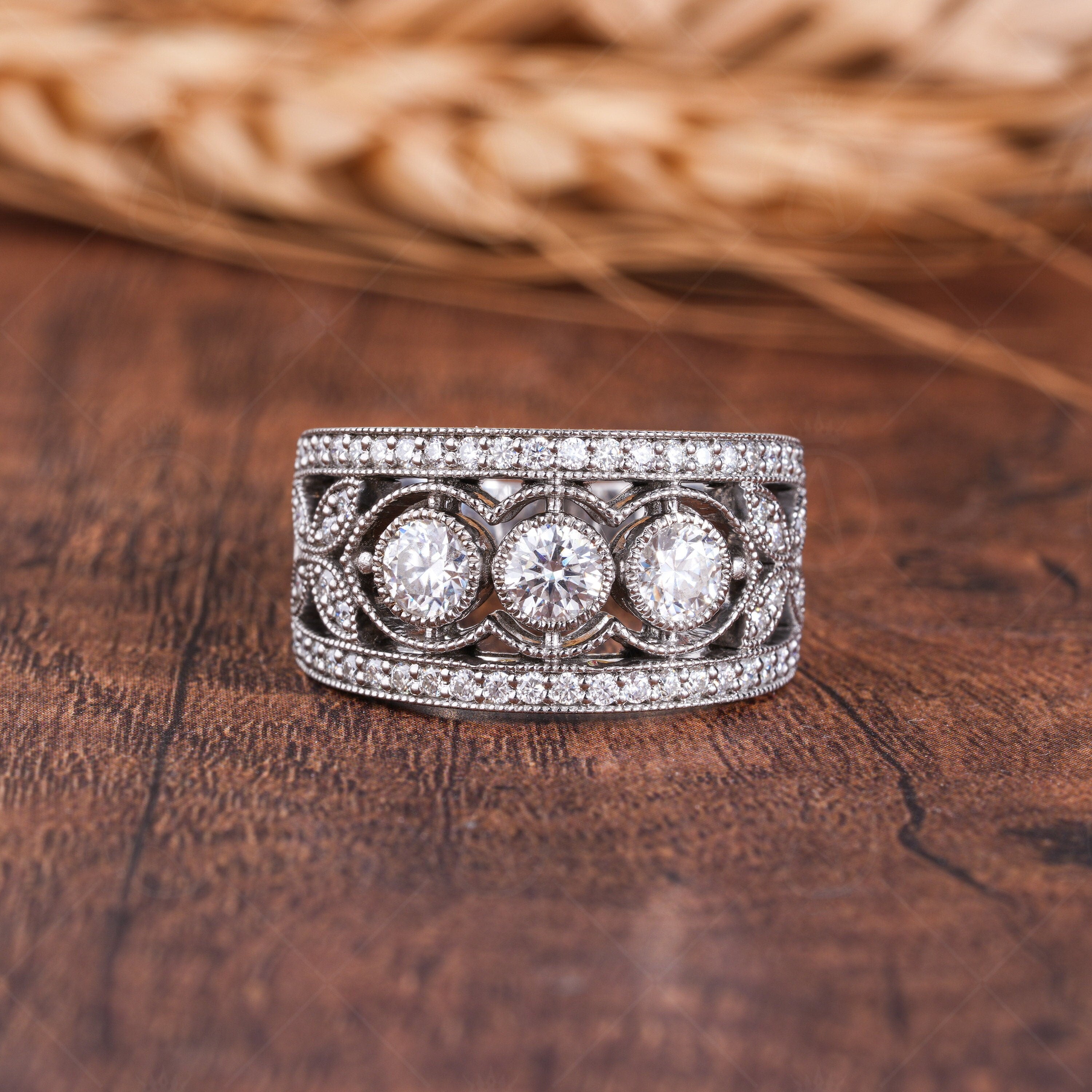 Vintage Filigree Wedding Bands Women, Antique Art Deco Wide Anniversary Ring, Edwardian Style Milgrain Band, Estate Jewelry Rings