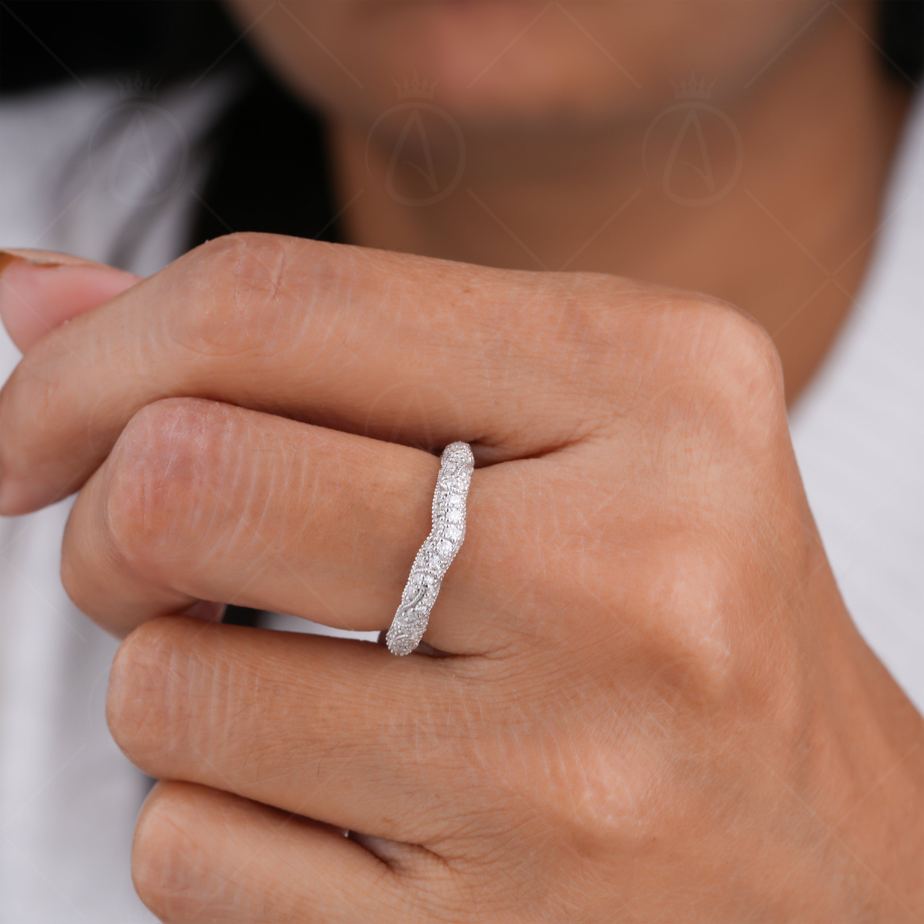 Moissanite Filigree Ring, Lace Style Art Deco Band Ring, Vintage Milgrain Wedding Bands Women, Unique Vintage Anniversary Band, Promise Ring For Her