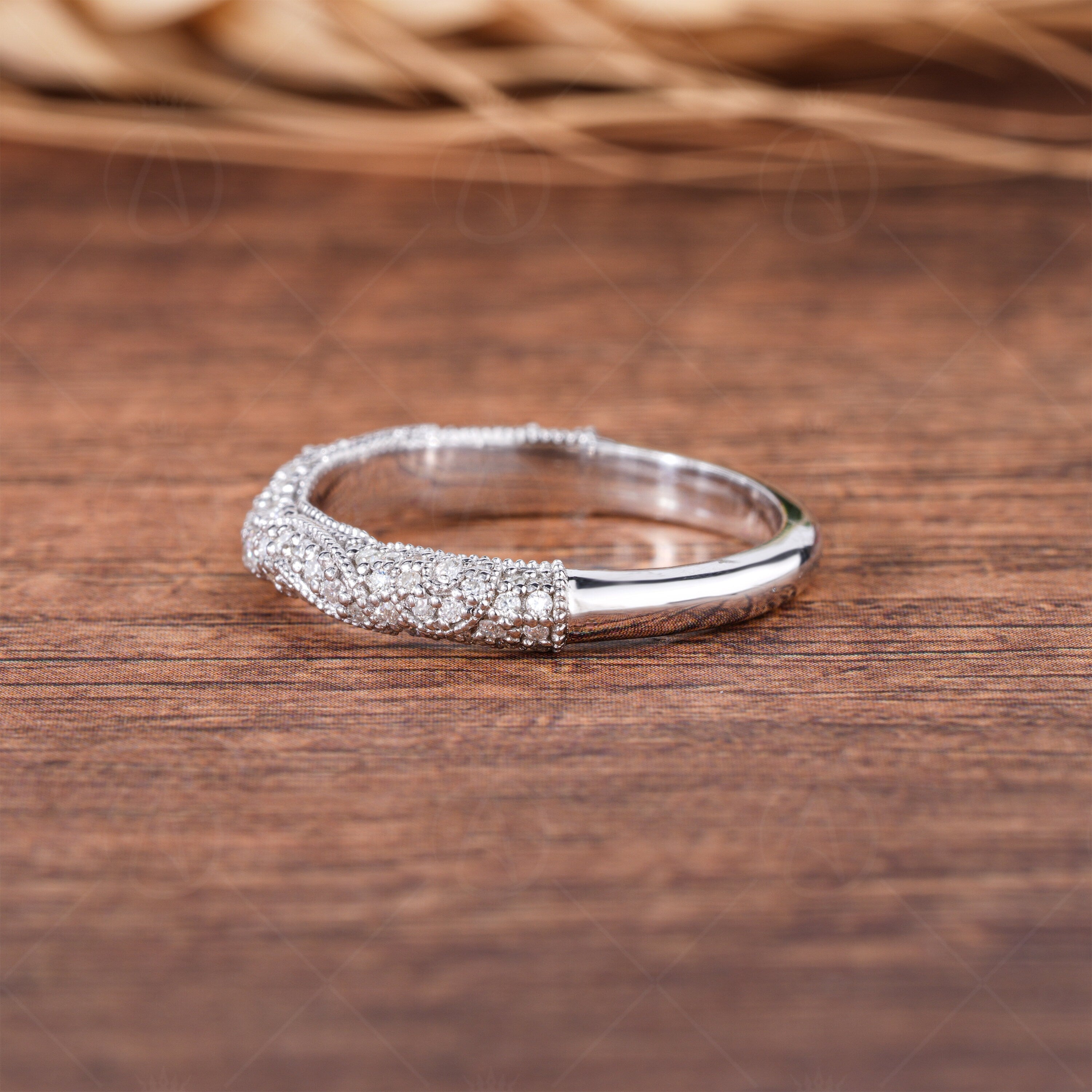 Moissanite Filigree Ring, Lace Style Art Deco Band Ring, Vintage Milgrain Wedding Bands Women, Unique Vintage Anniversary Band, Promise Ring For Her