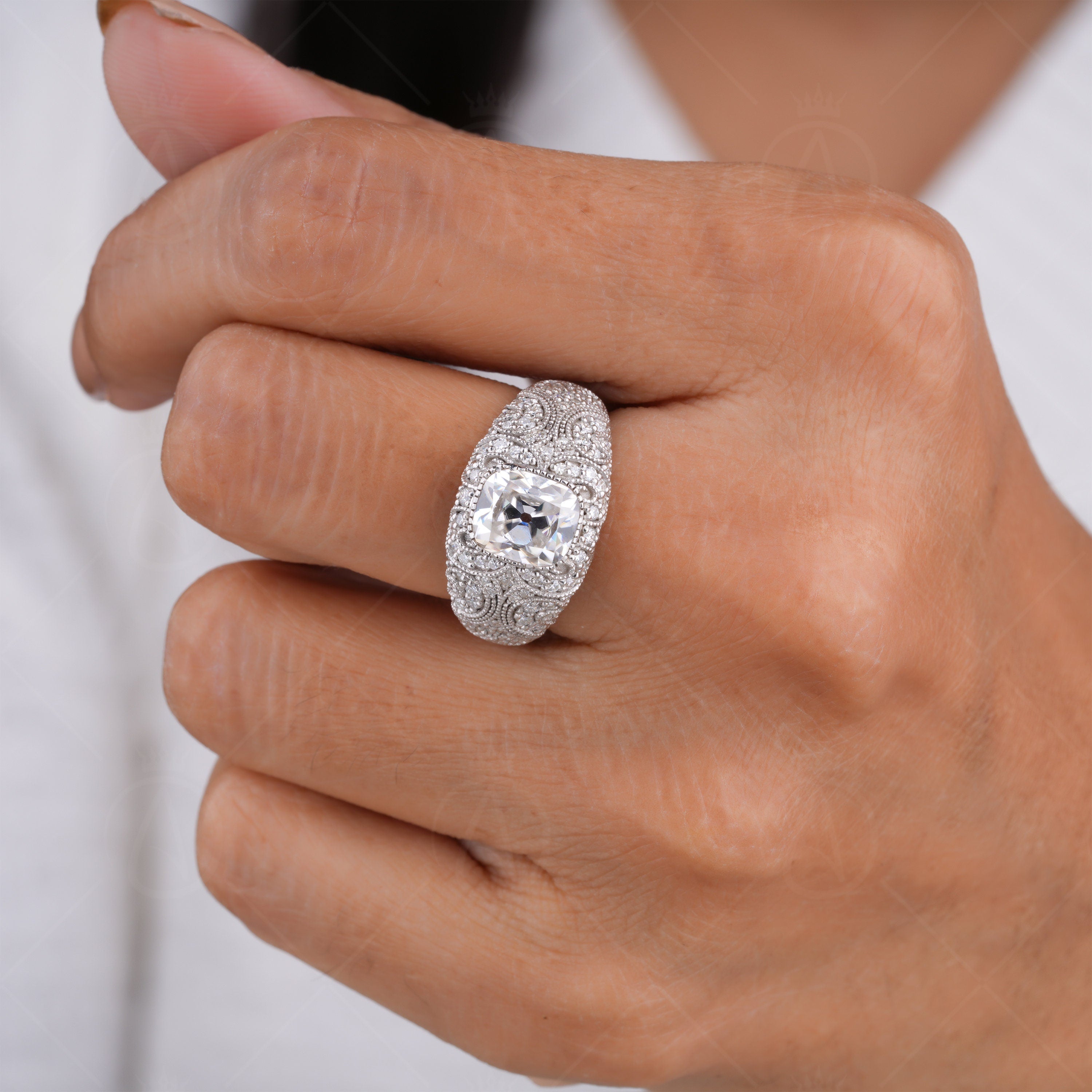 Antique Filigree Statement Ring, Vintage Old European Cushion Cut Ring, Moissanite Chunky Dome Ring, Art Deco Milgrain Rings For Women