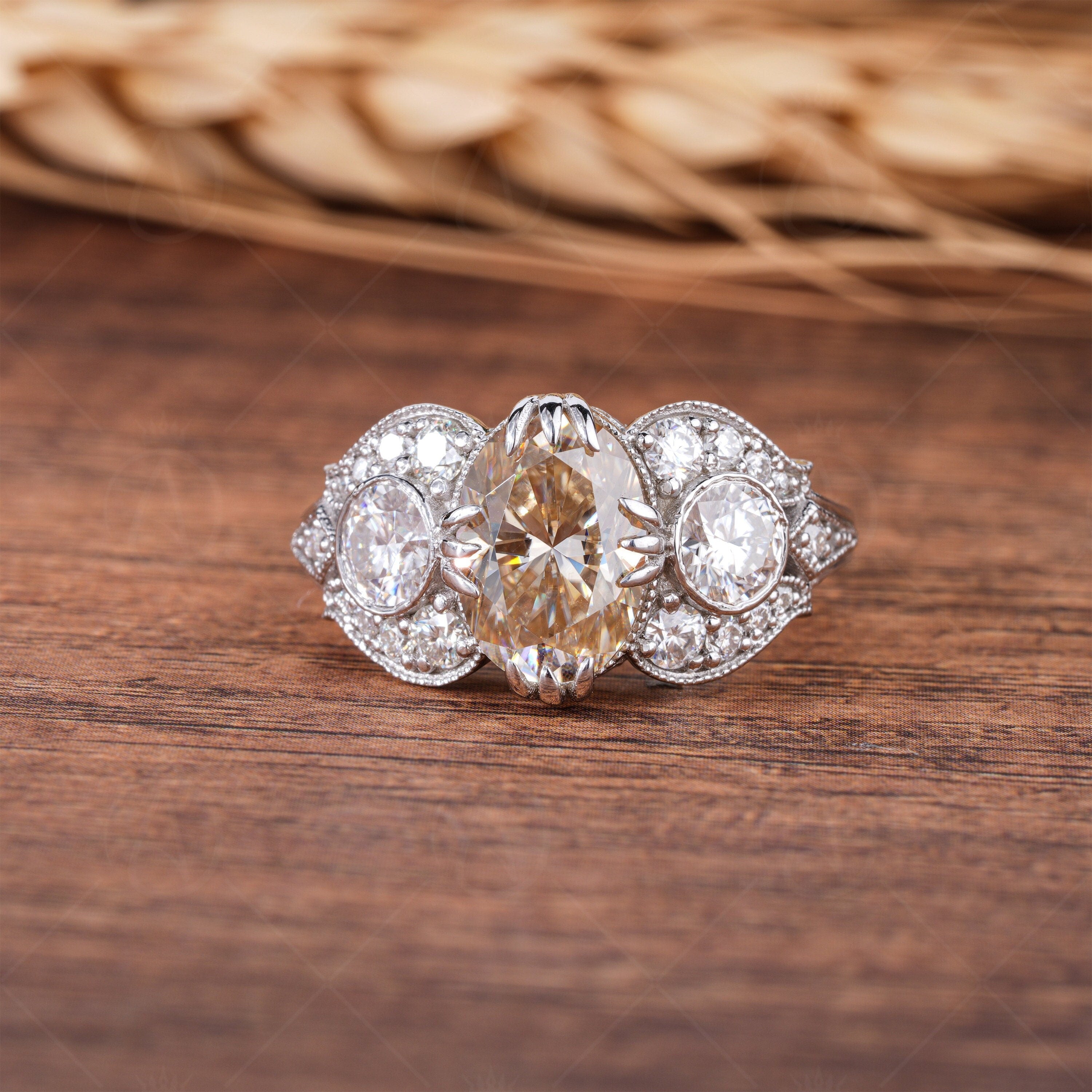 Antique Edwardian Engagement Ring, Yellow Oval Moissanite Vintage Rings For Women, Unique Art Deco Anniversary Rings, Retro Style Ring, Elongated Oval Victorian Style Ring