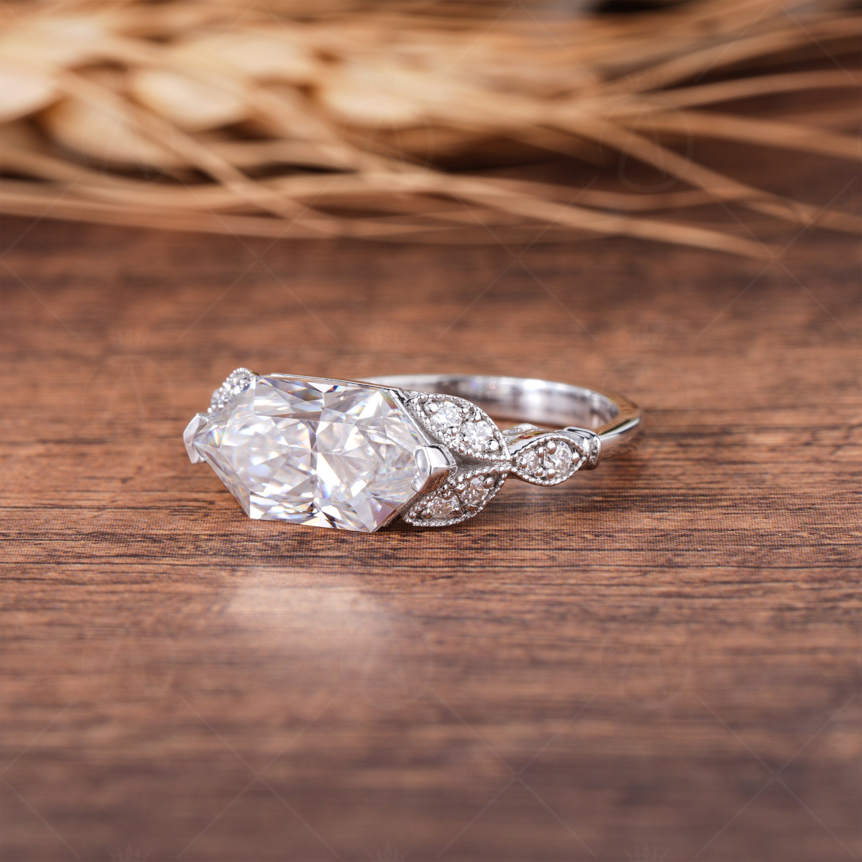 East West Dutch Marquise Cut Moissanite Ring, Art Deco Horizontal Marquise Engagement Ring, Vintage Style Promise Rings For Women