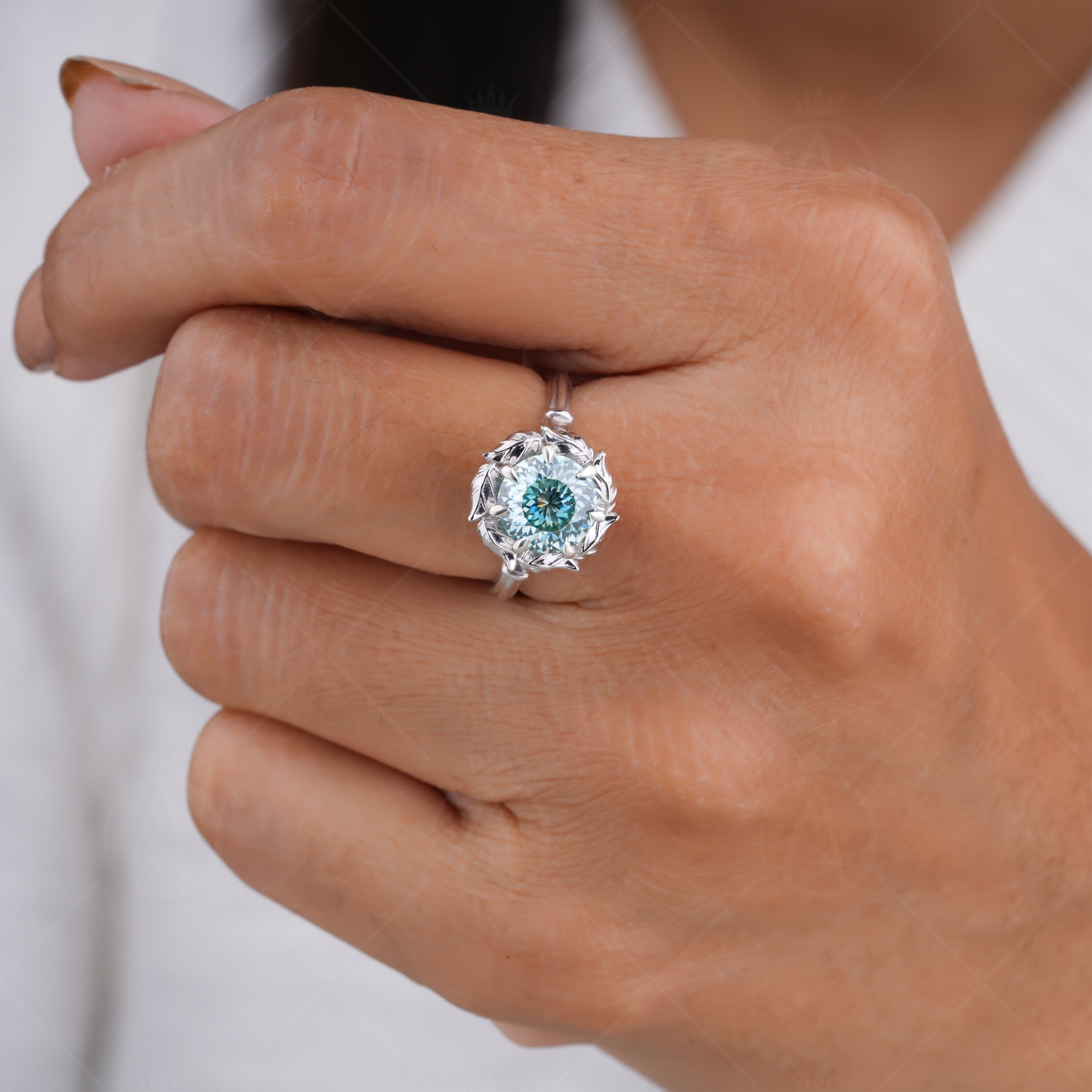 Engraved Leaf Nature Inspired Ring, Cyan Blue Portuguese Cut Moissanite Engagement Ring, Carved Art Deco Womens Ring, Promise Ring For Her