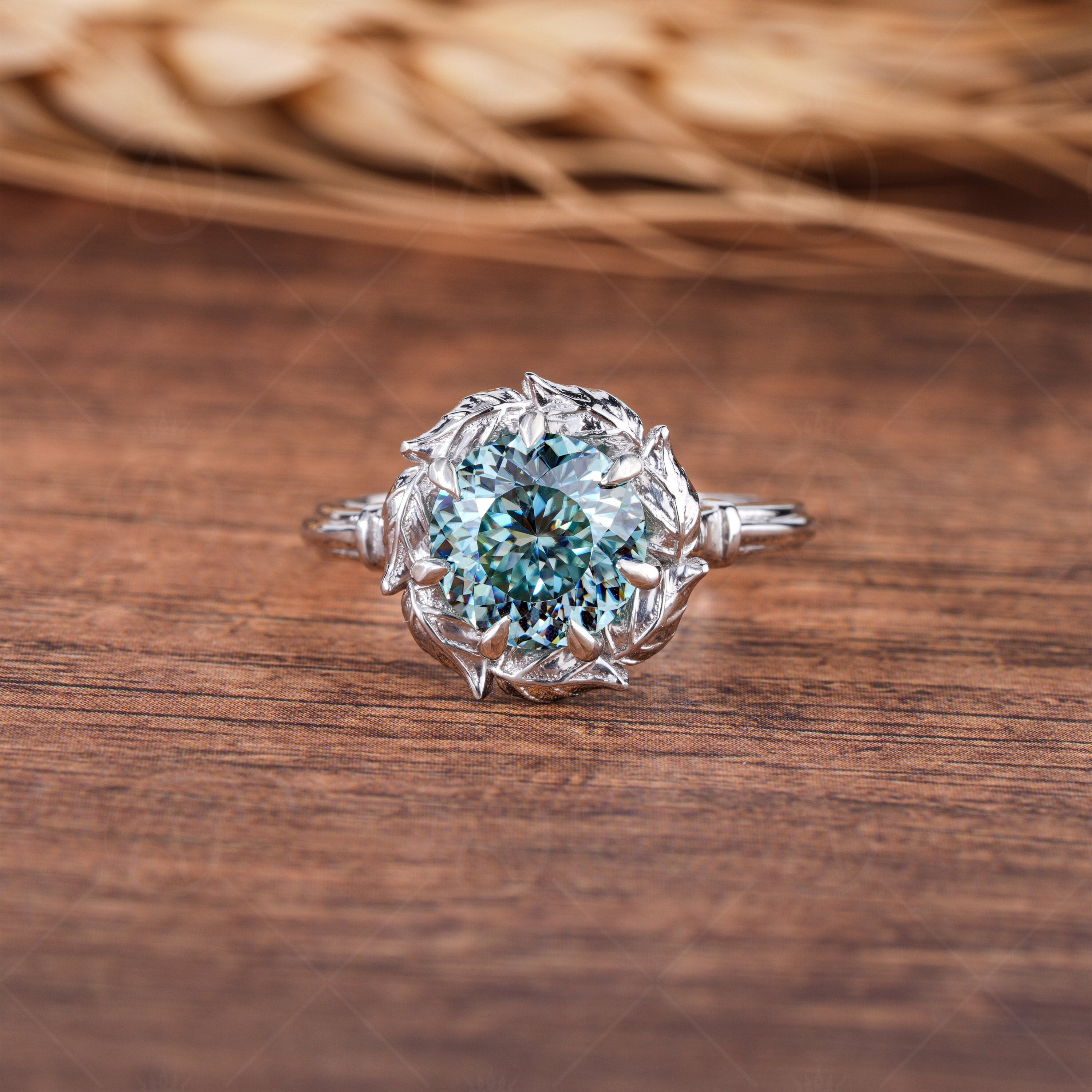 Engraved Leaf Nature Inspired Ring, Cyan Blue Portuguese Cut Moissanite Engagement Ring, Carved Art Deco Womens Ring, Promise Ring For Her