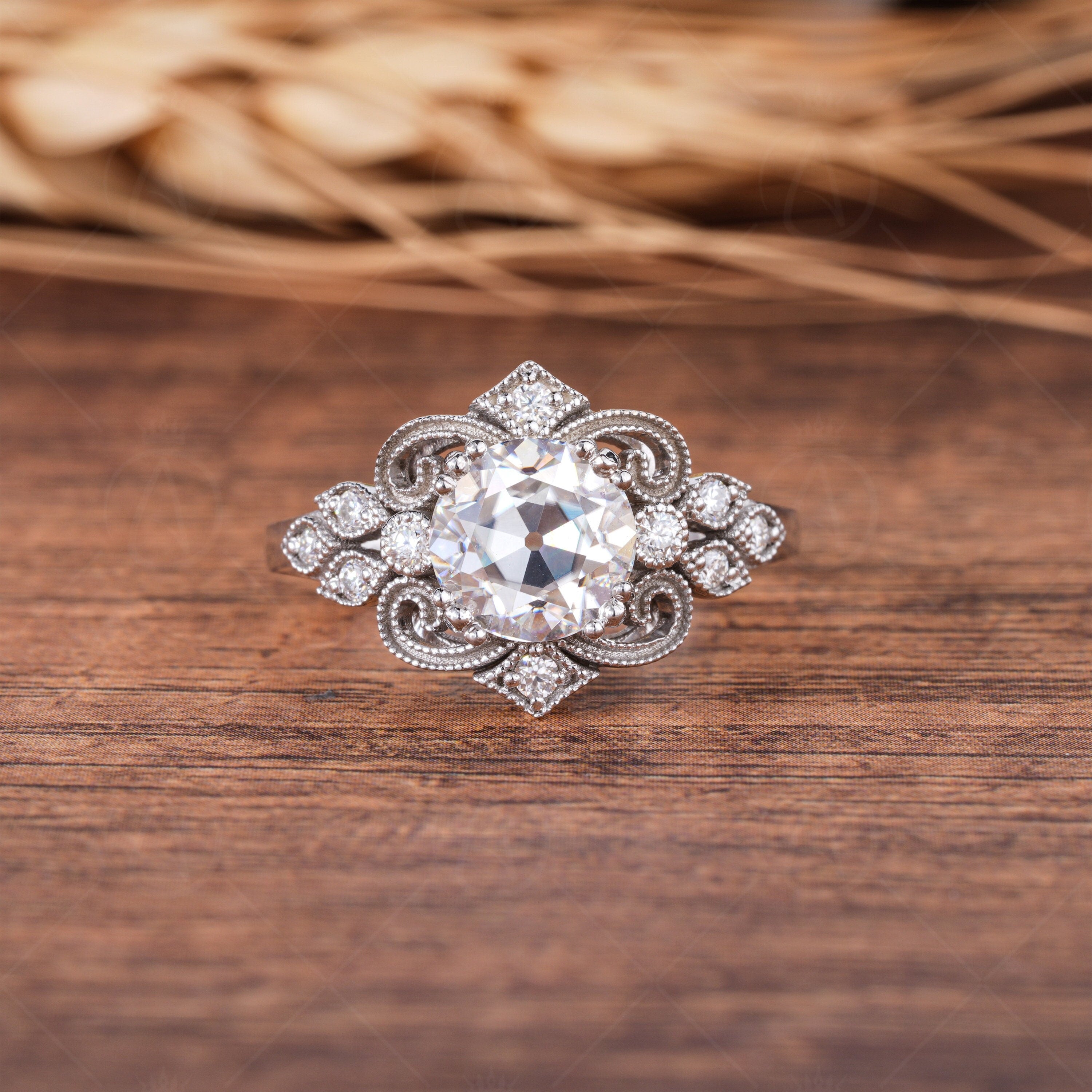 Antique Old Mine Cut Round Moissanite Ring, Vintage Filigree Engagement Ring, Old European Cut Art Deco Ring, Victorian Style Unique Ring, OMC Moissanite Diamond Ring, OEC Moissanite Ring, Art Deco Ring, Anniversary Ring