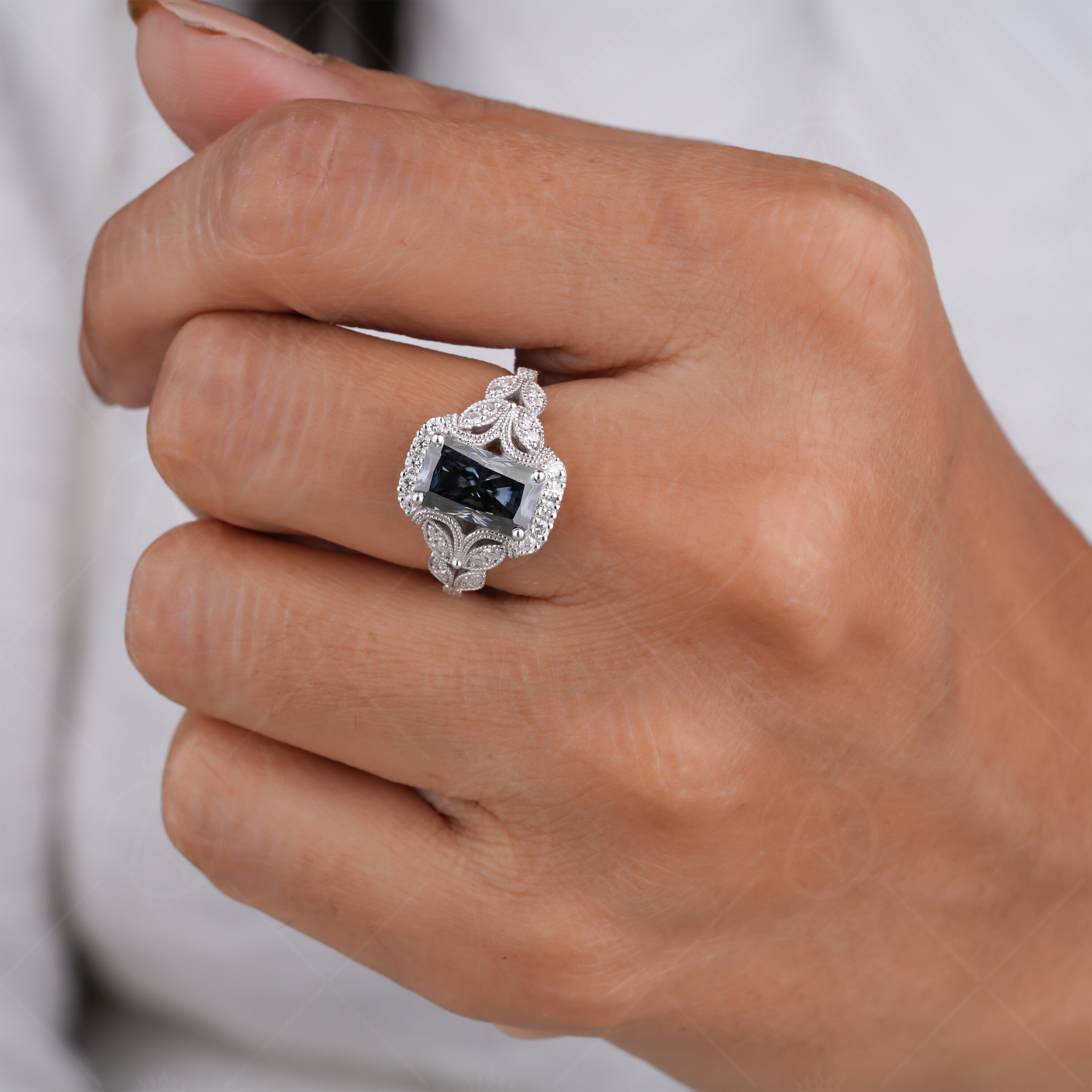 Long Radiant Cut Grey Moissanite Engagement Ring, Antique Vintage Filigree Ring, Gray Moissanite Art Deco Milgrain Ring, Anniversary Rings