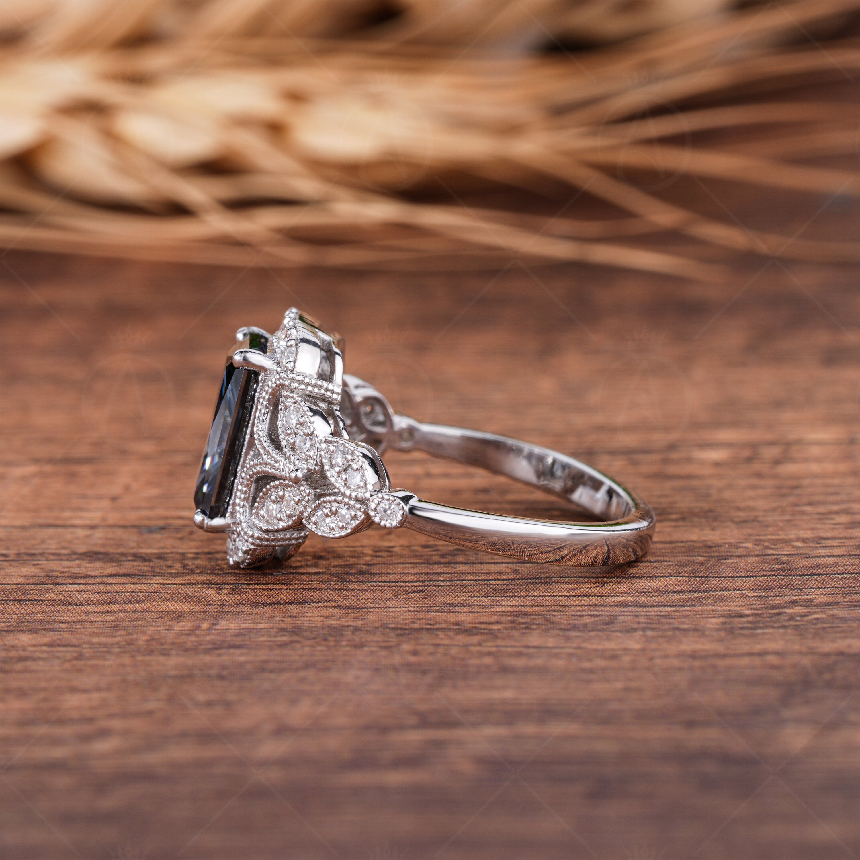 Long Radiant Cut Grey Moissanite Engagement Ring, Antique Vintage Filigree Ring, Gray Moissanite Art Deco Milgrain Ring, Anniversary Rings