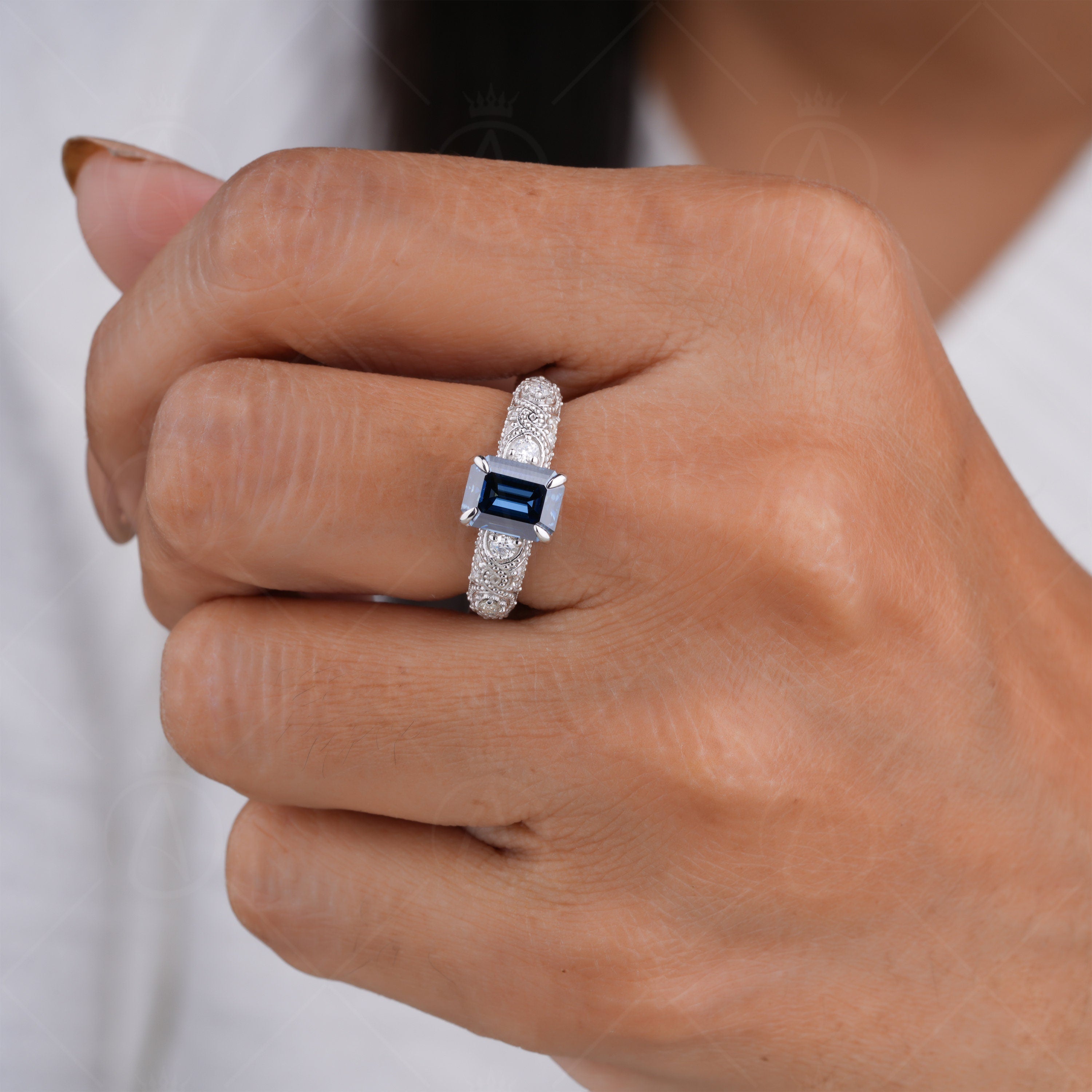 Blue Emerald Cut Moissanite Solitaire Engagement Ring, Antique Vintage Filigree Ring, Unique Art Deco Ring For Women, Milgrain Ring