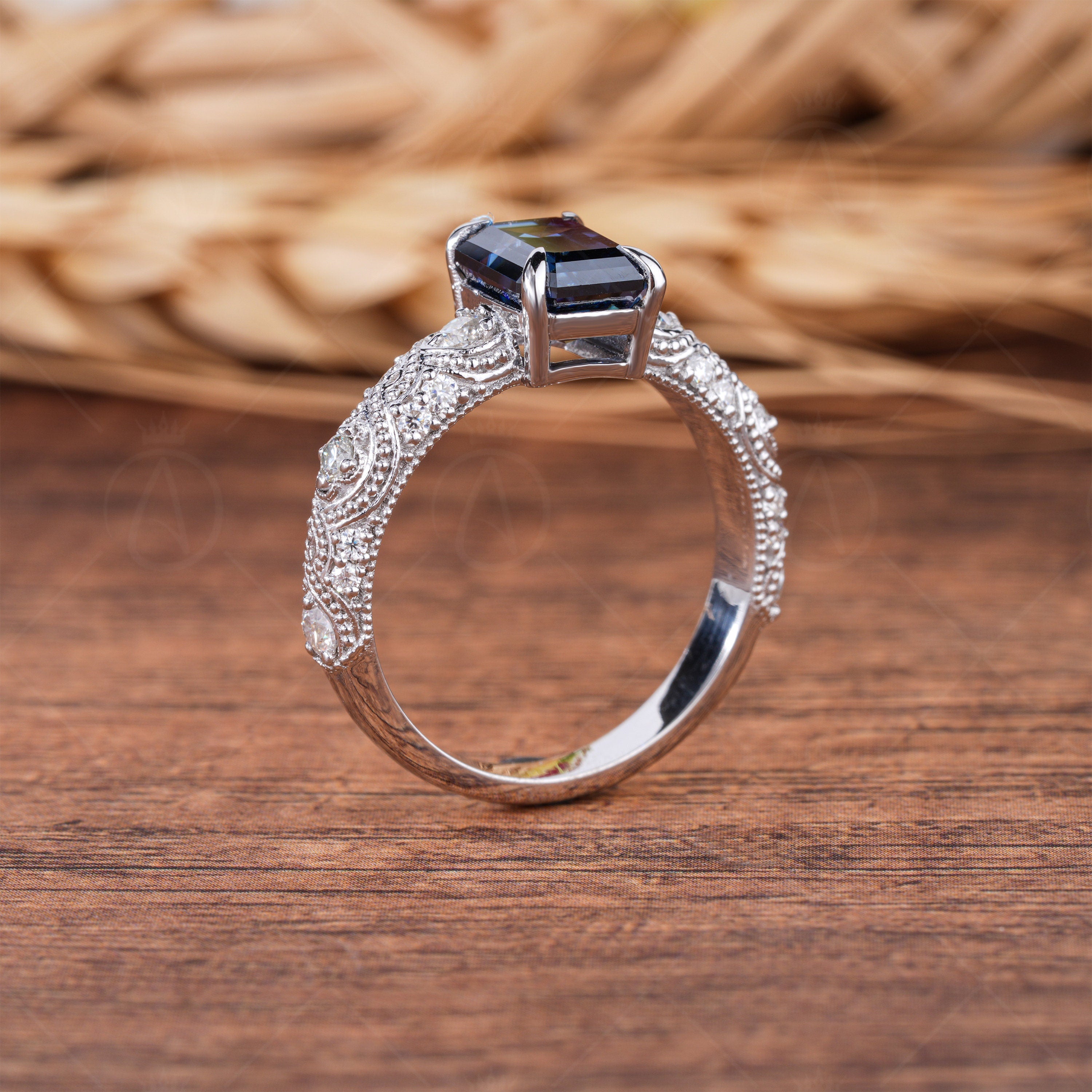 Blue Emerald Cut Moissanite Solitaire Engagement Ring, Antique Vintage Filigree Ring, Unique Art Deco Ring For Women, Milgrain Ring