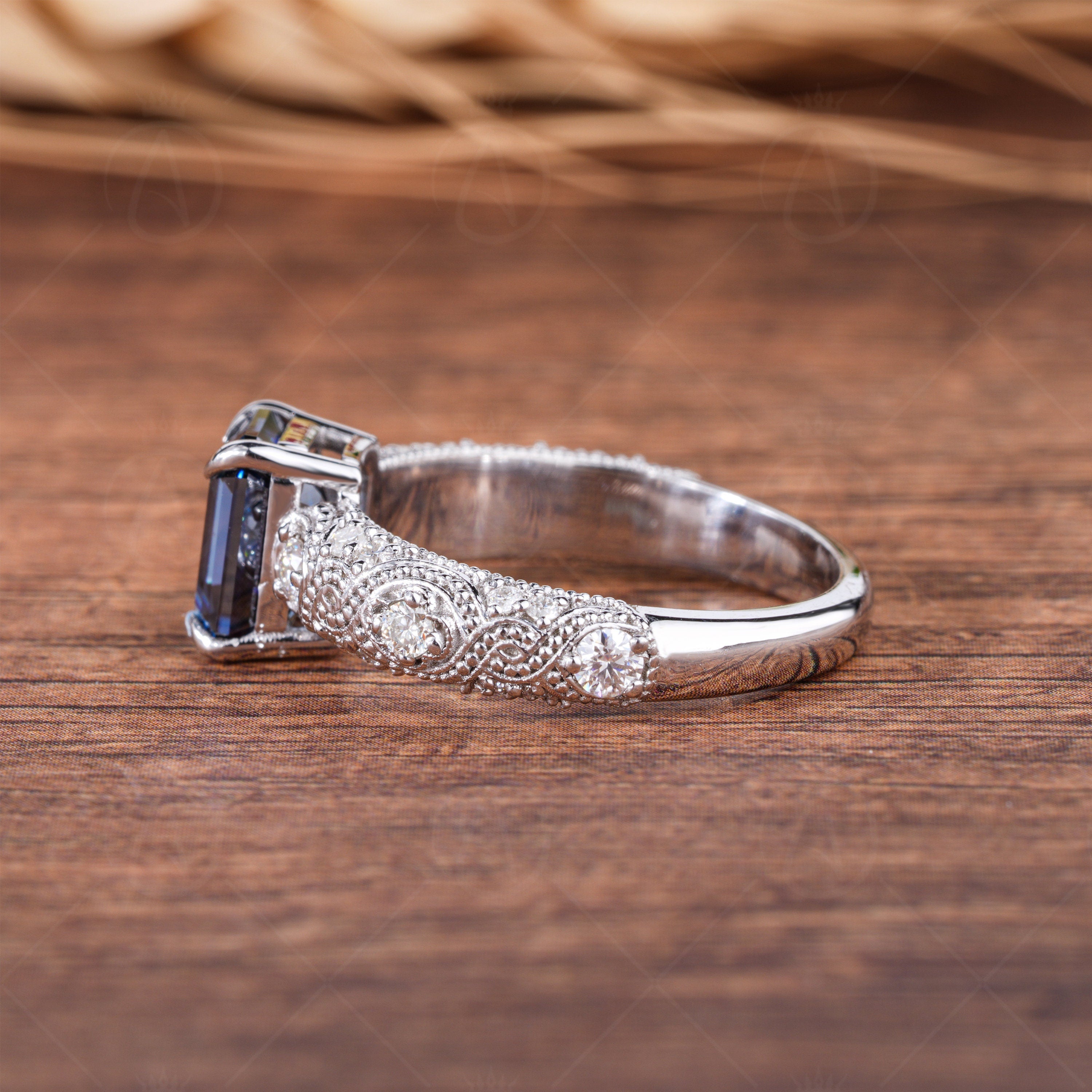 Blue Emerald Cut Moissanite Solitaire Engagement Ring, Antique Vintage Filigree Ring, Unique Art Deco Ring For Women, Milgrain Ring