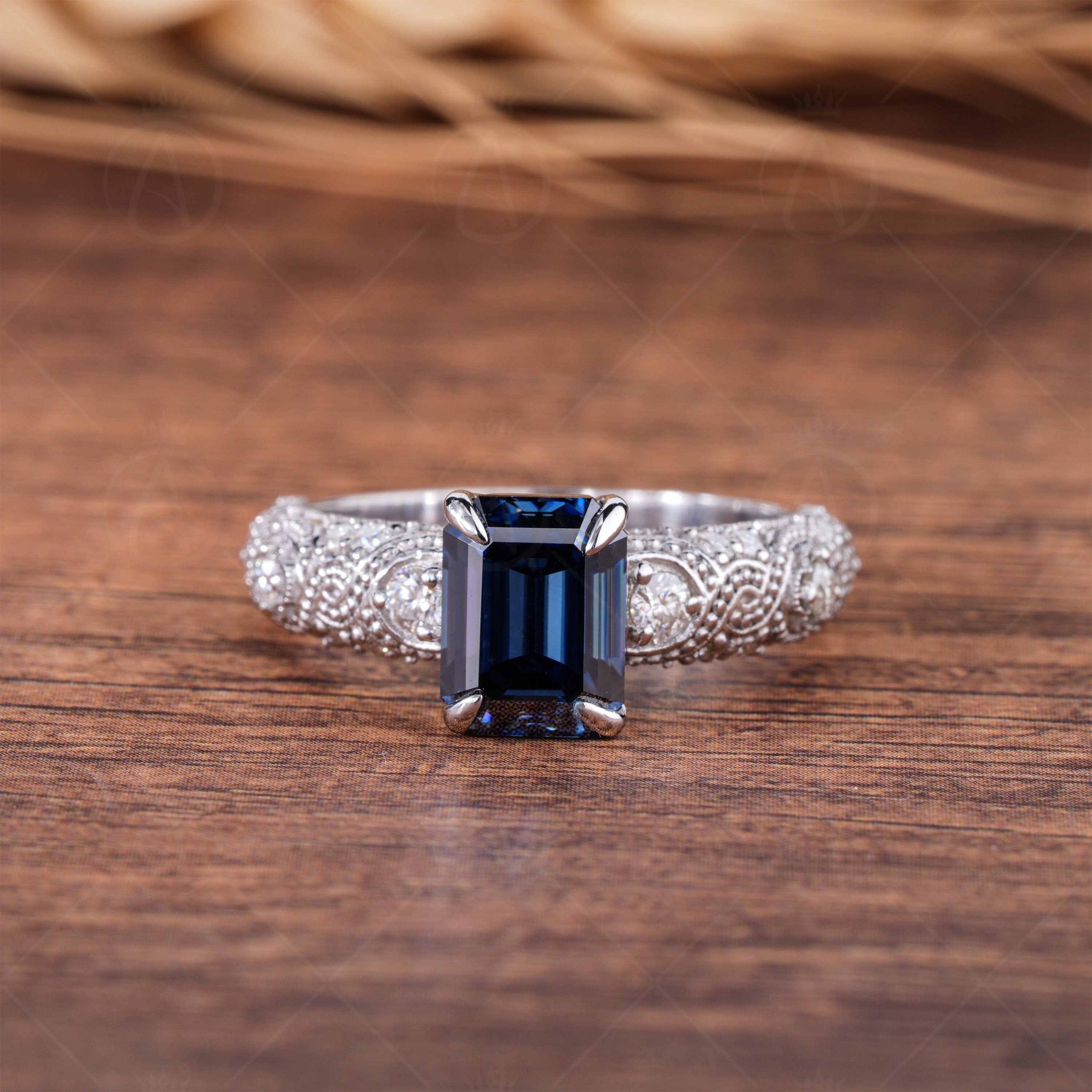 Blue Emerald Cut Moissanite Solitaire Engagement Ring, Antique Vintage Filigree Ring, Unique Art Deco Ring For Women, Milgrain Ring