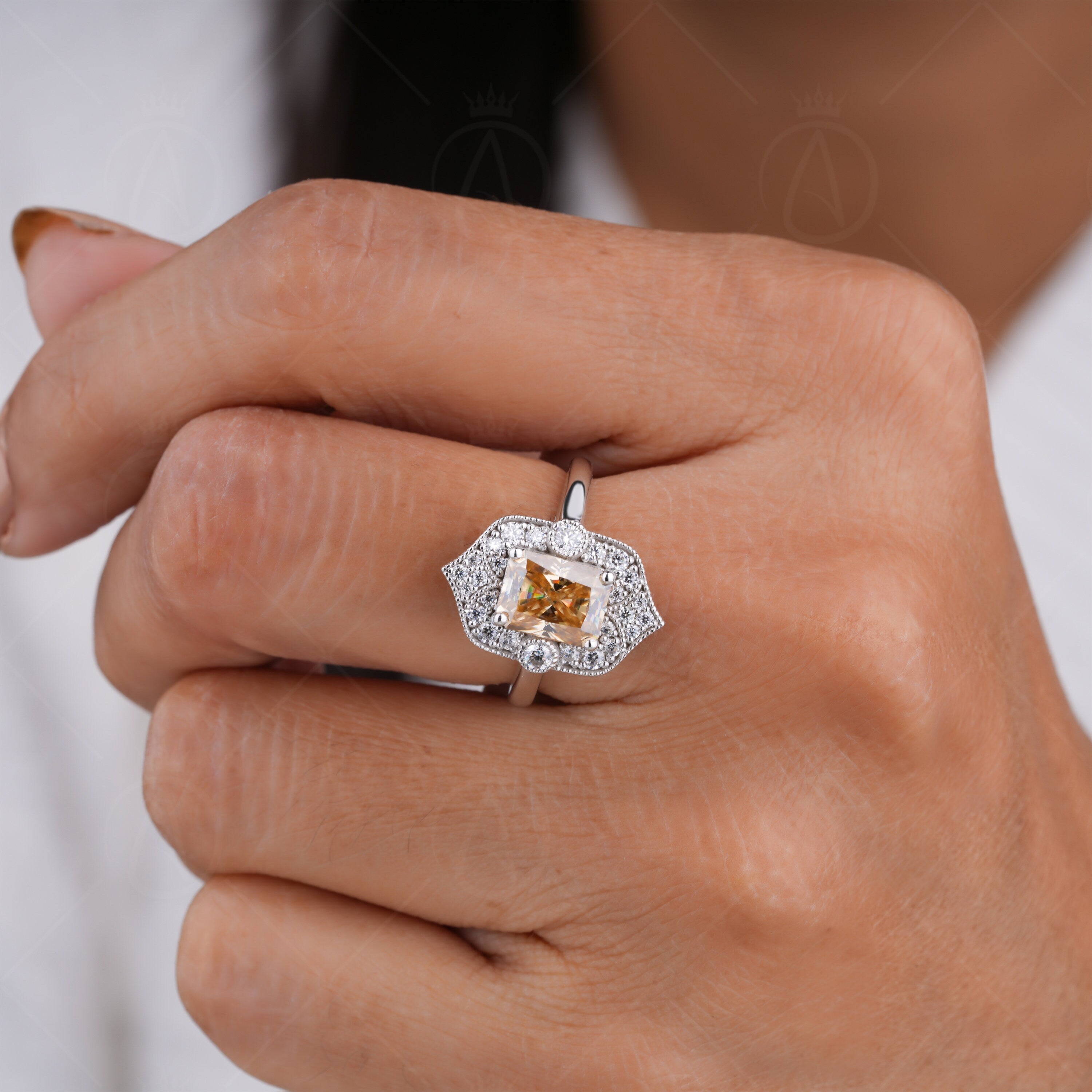 Art Deco Vintage Engagement Rings For Women, 2.50 Ct Champagne Color Radiant Cut Ring, Unique Vintage Milgrain Ring, Anniversary Ring