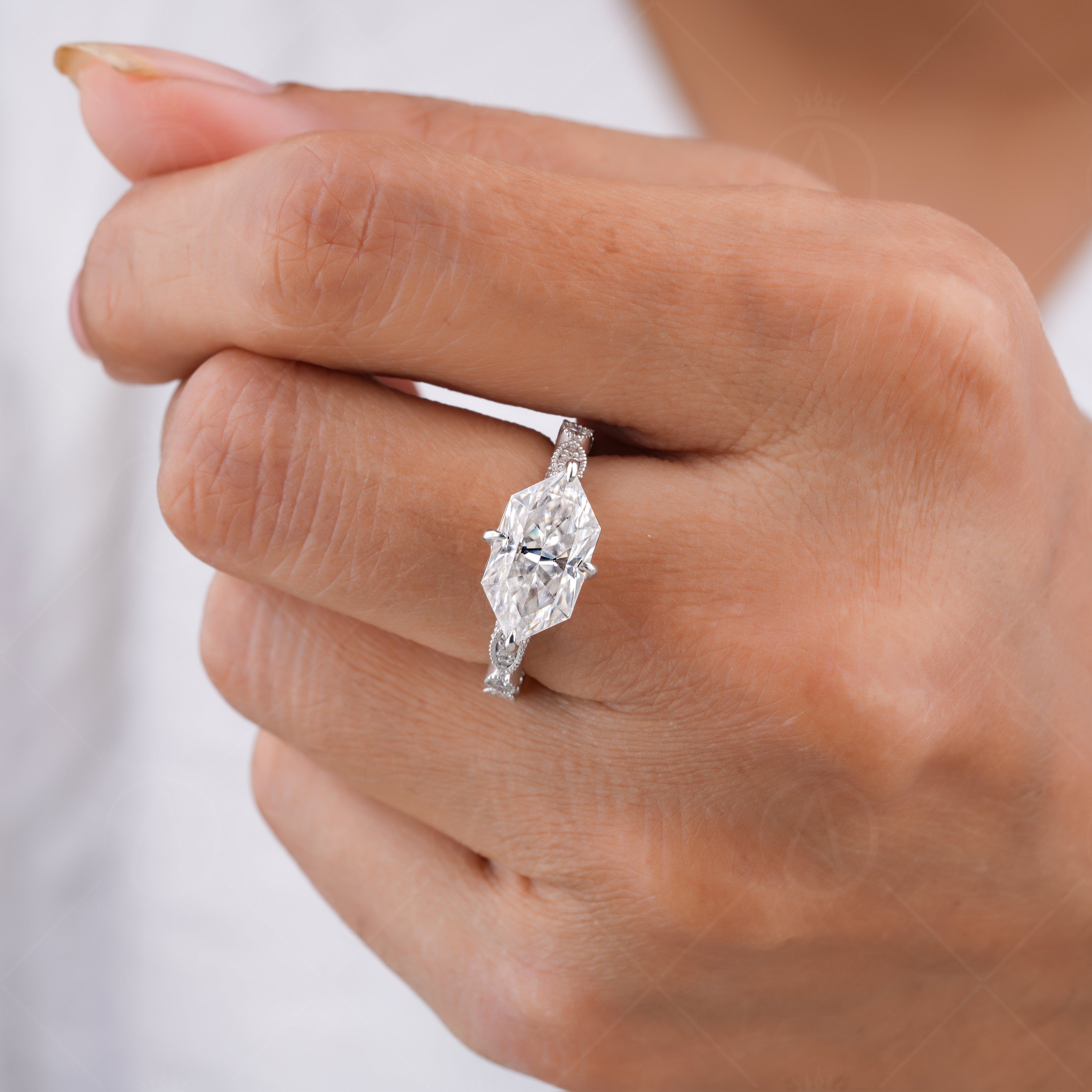 Art Deco Vintage Solitaire Engagement Ring, Sideways Dutch Marquise Cut Moissanite Ring, Horizontal Marquise Ring, Milgrain Promise Ring