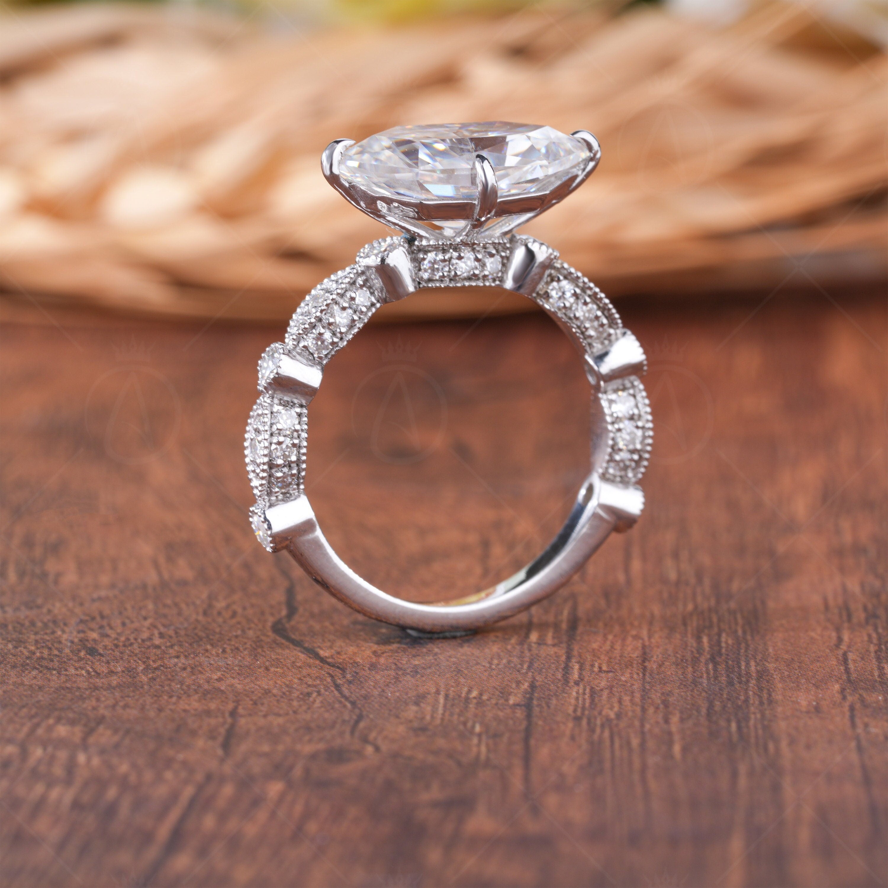 Art Deco Vintage Solitaire Engagement Ring, Sideways Dutch Marquise Cut Moissanite Ring, Horizontal Marquise Ring, Milgrain Promise Ring