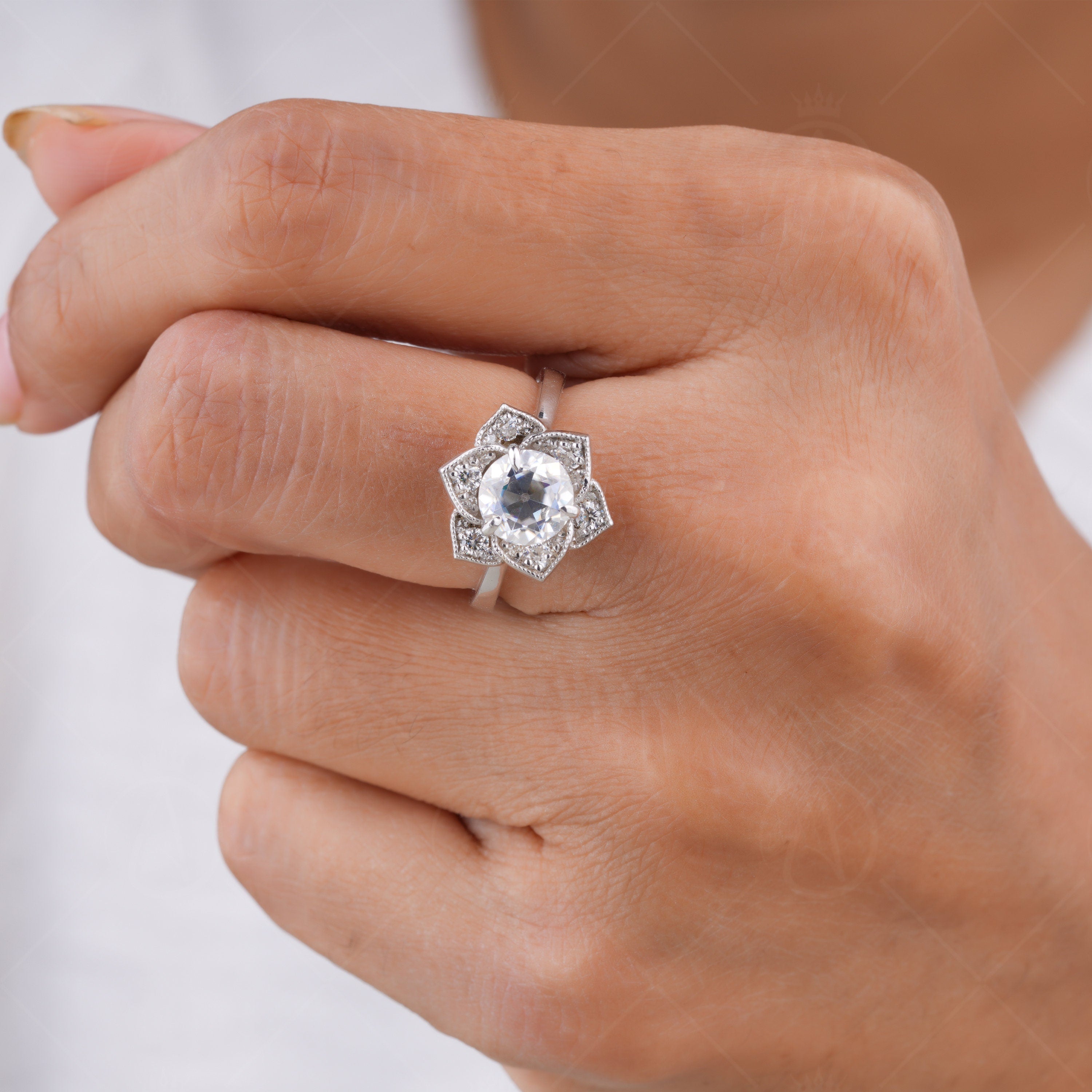 Flower Nature Inspired Engagement Ring, Tulip Setting Floral Moissanite Ring, Antique Old European Cut Moissanite Ring, Unique Promise Ring