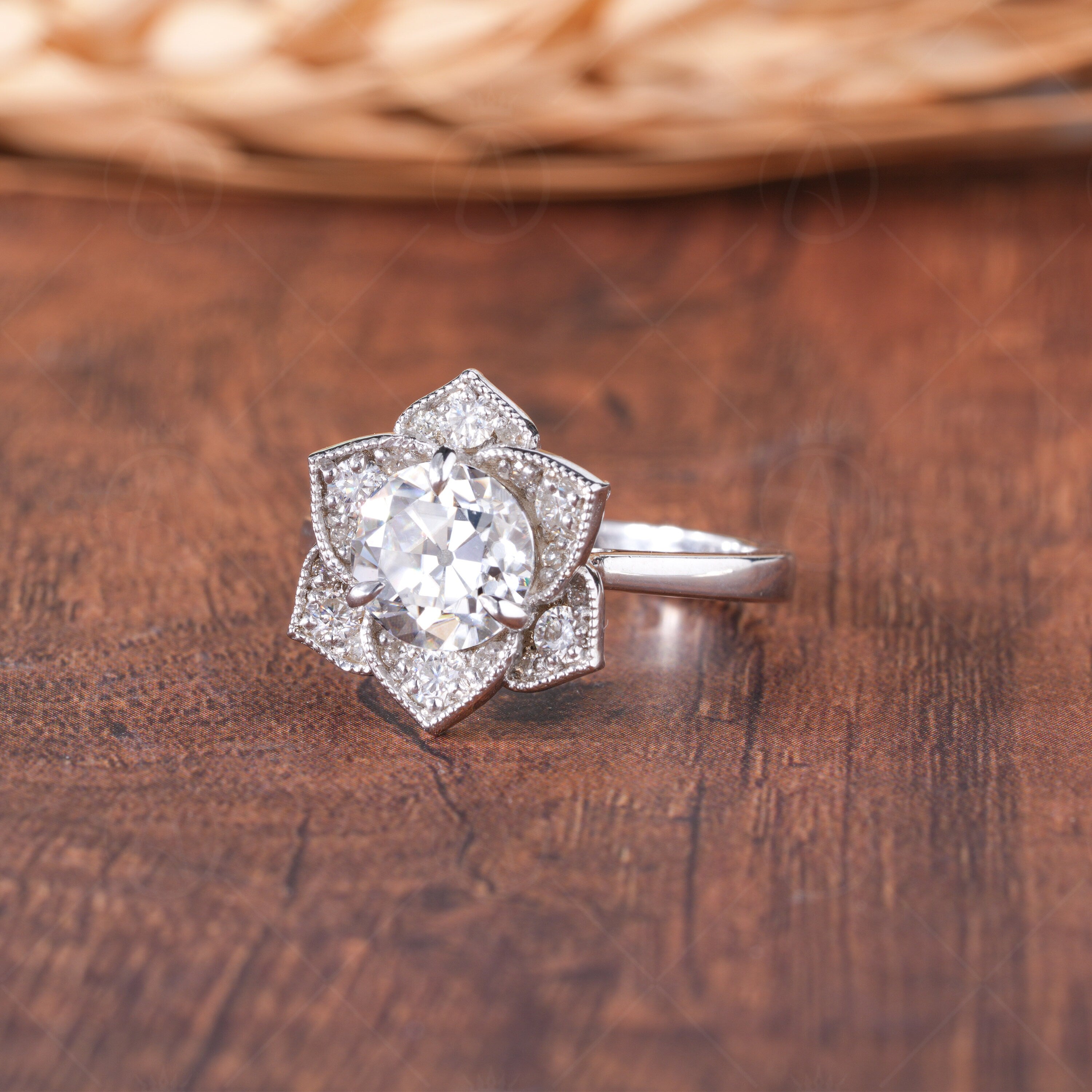 Flower Nature Inspired Engagement Ring, Tulip Setting Floral Moissanite Ring, Antique Old European Cut Moissanite Ring, Unique Promise Ring