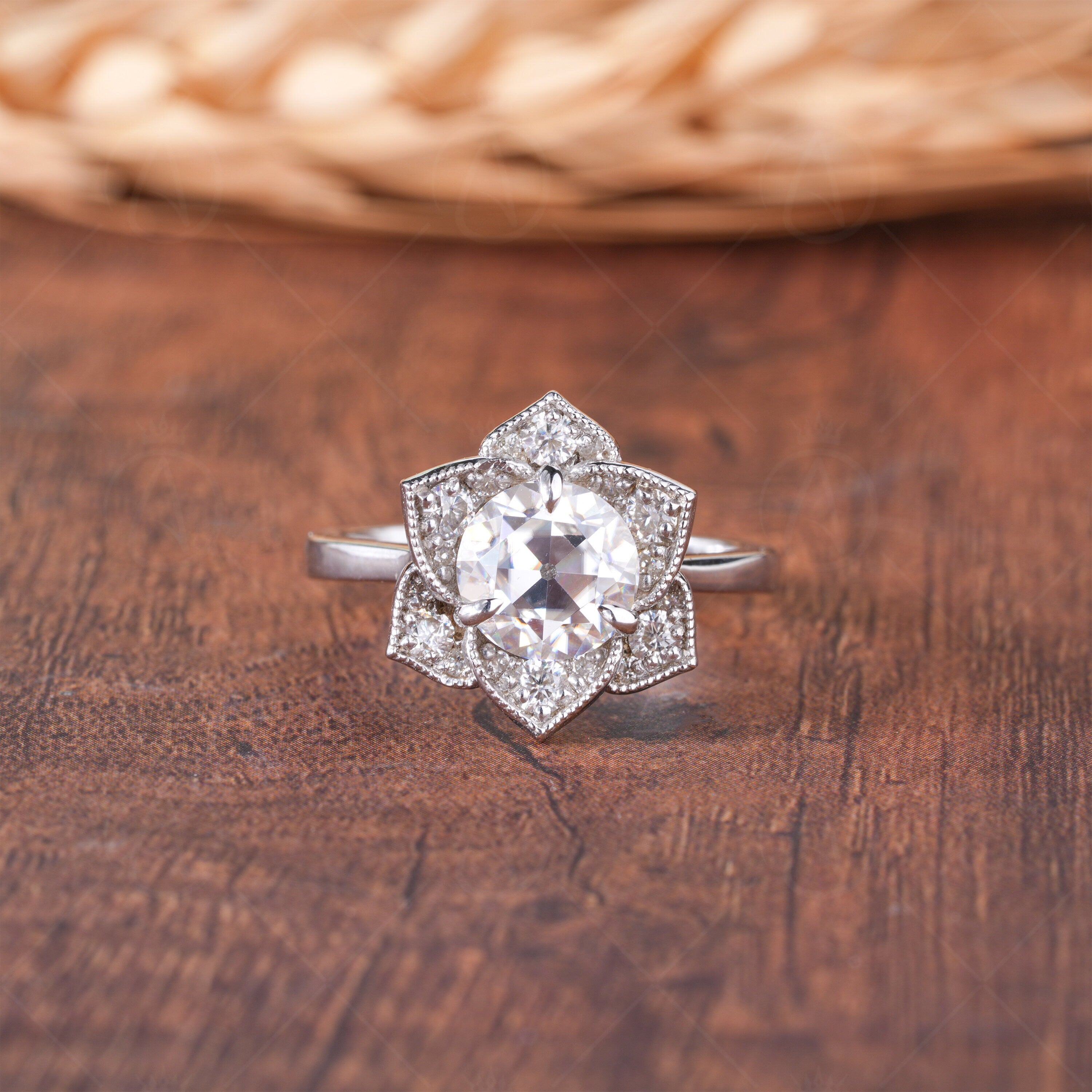 Flower Nature Inspired Engagement Ring, Tulip Setting Floral Moissanite Ring, Antique Old European Cut Moissanite Ring, Unique Promise Ring