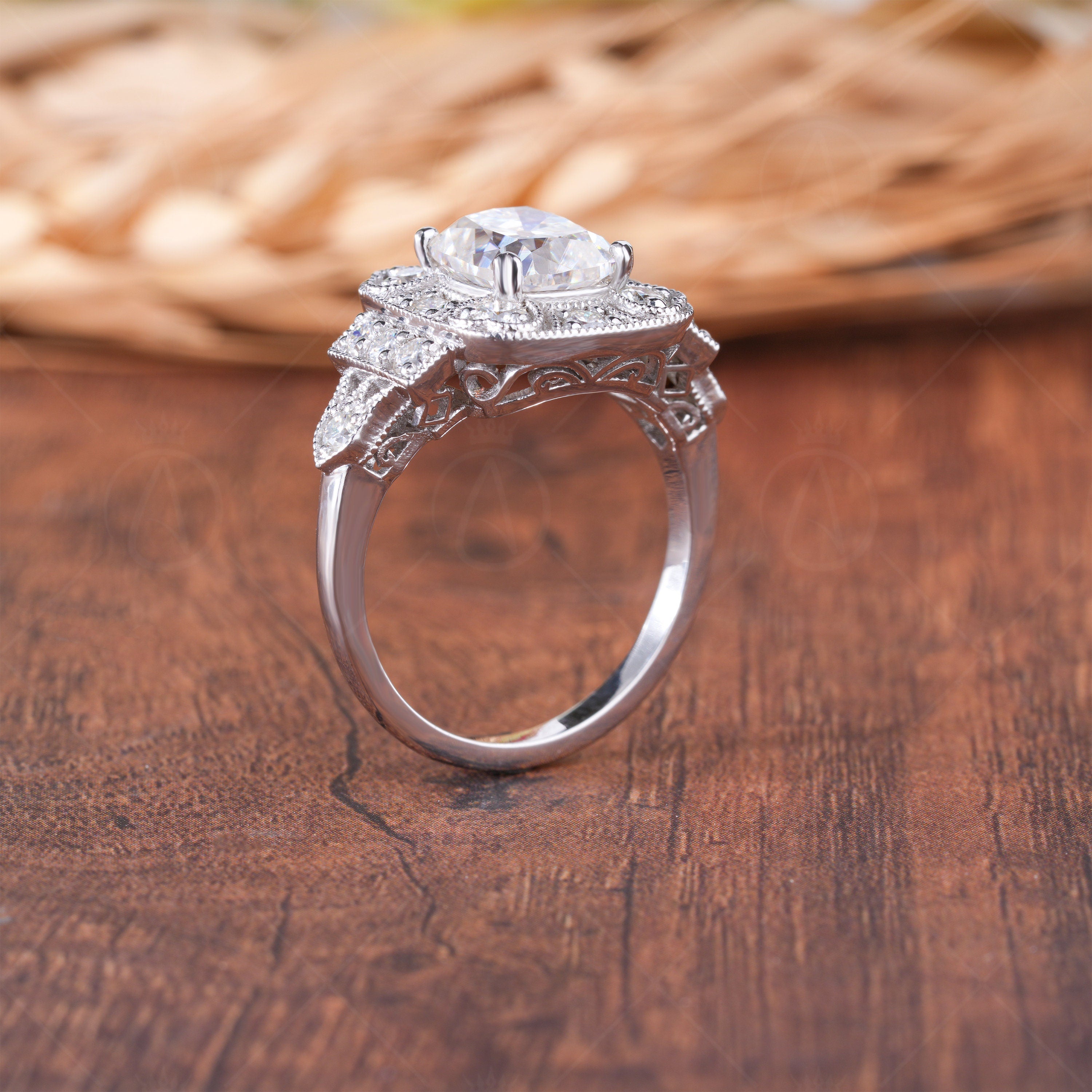 Victorian Style Edwardian Moissanite Engagement Ring, Antique Old Mine Cut Cushion Cut Ring, OEC Moissanite Vintage Ring, Milgrain Ring
