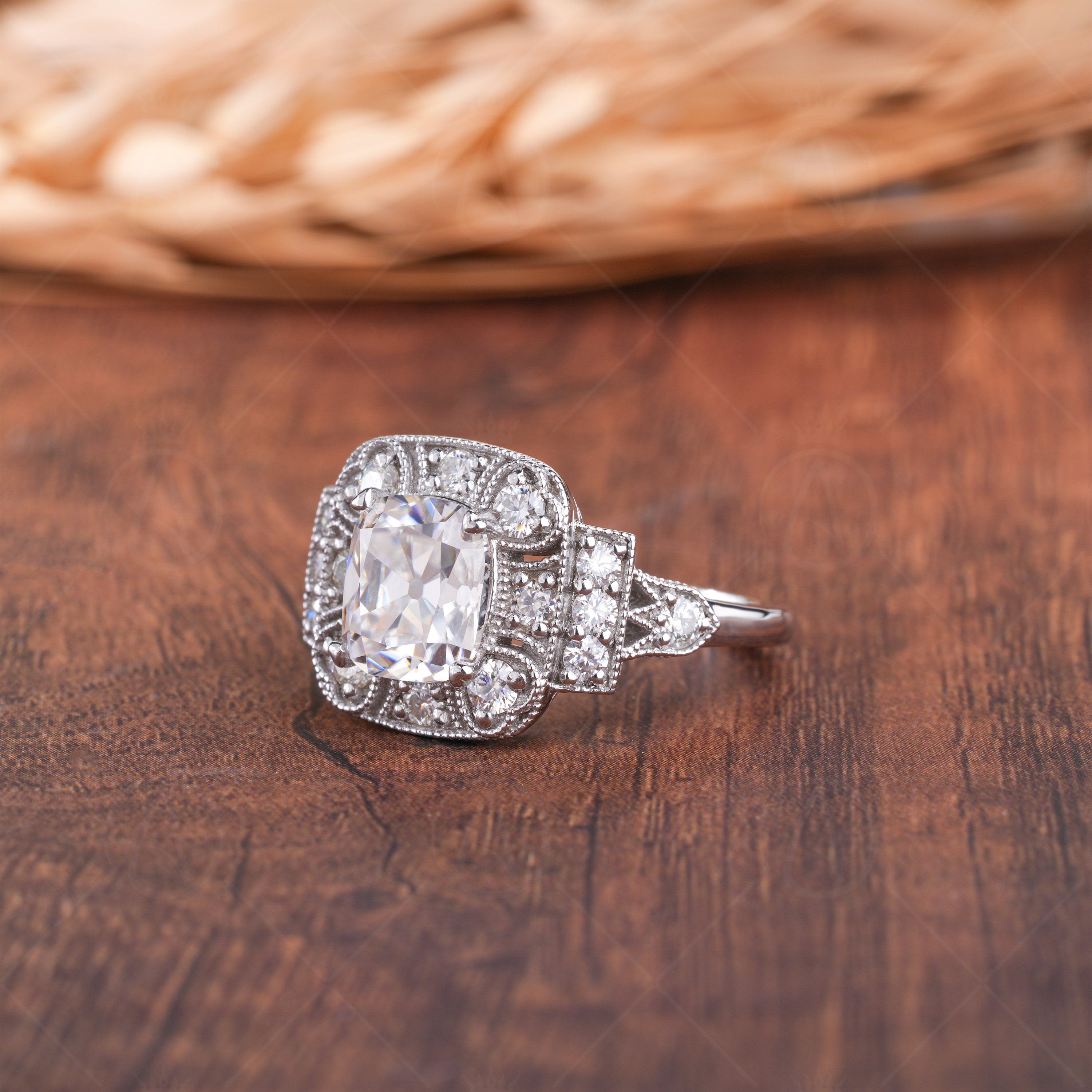 Victorian Style Edwardian Moissanite Engagement Ring, Antique Old Mine Cut Cushion Cut Ring, OEC Moissanite Vintage Ring, Milgrain Ring