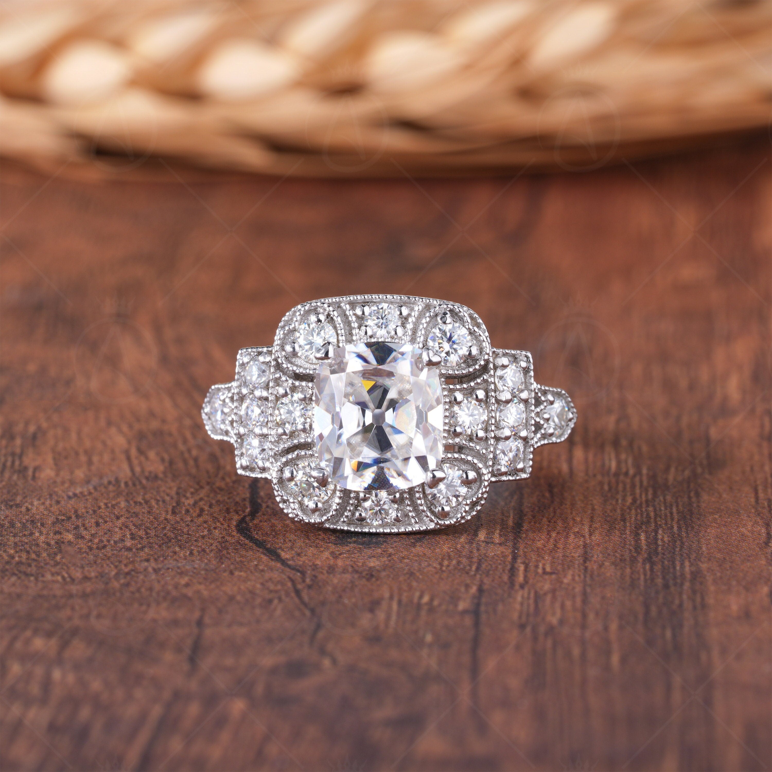 Victorian Style Edwardian Moissanite Engagement Ring, Antique Old Mine Cut Cushion Cut Ring, OEC Moissanite Vintage Ring, Milgrain Ring