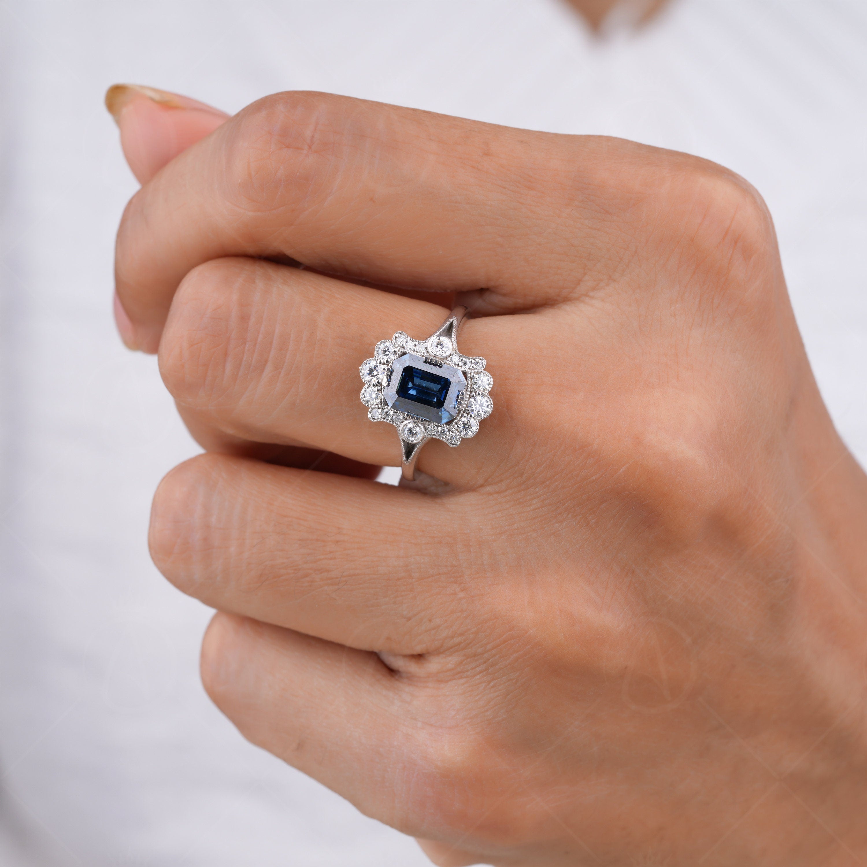 Blue Emerald Cut Moissanite Halo Engagement Ring, Electric Blue Moissanite Ring, Art Deco Anniversary Rings For Women, Vintage Milgrain Ring