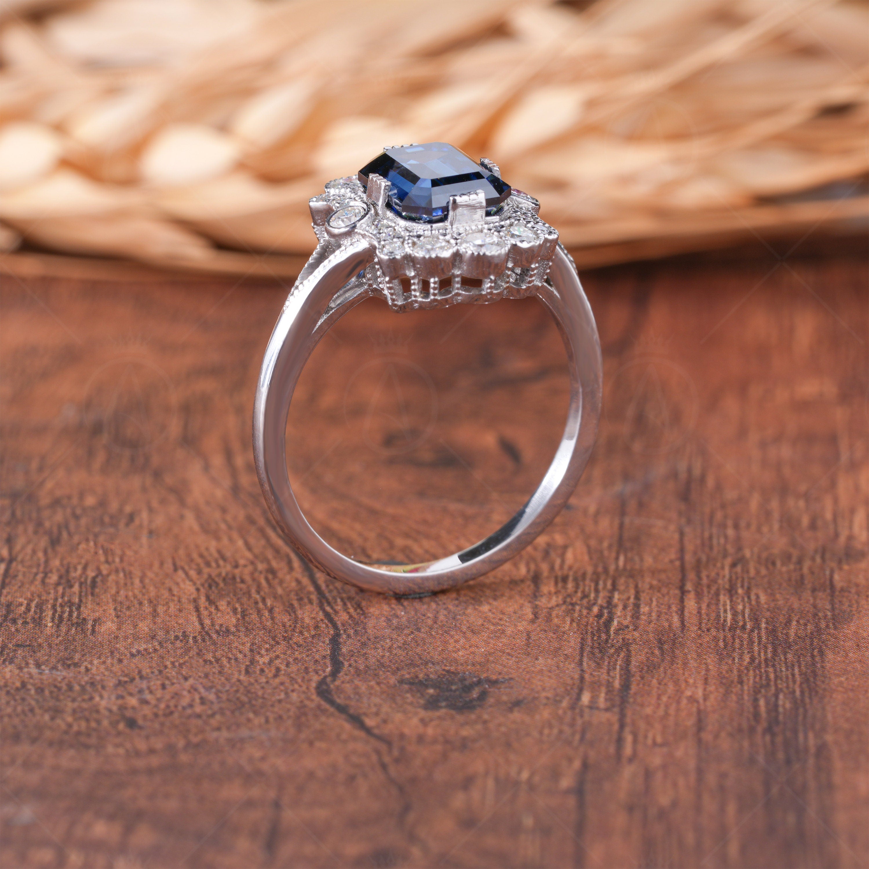 Blue Emerald Cut Moissanite Halo Engagement Ring, Electric Blue Moissanite Ring, Art Deco Anniversary Rings For Women, Vintage Milgrain Ring
