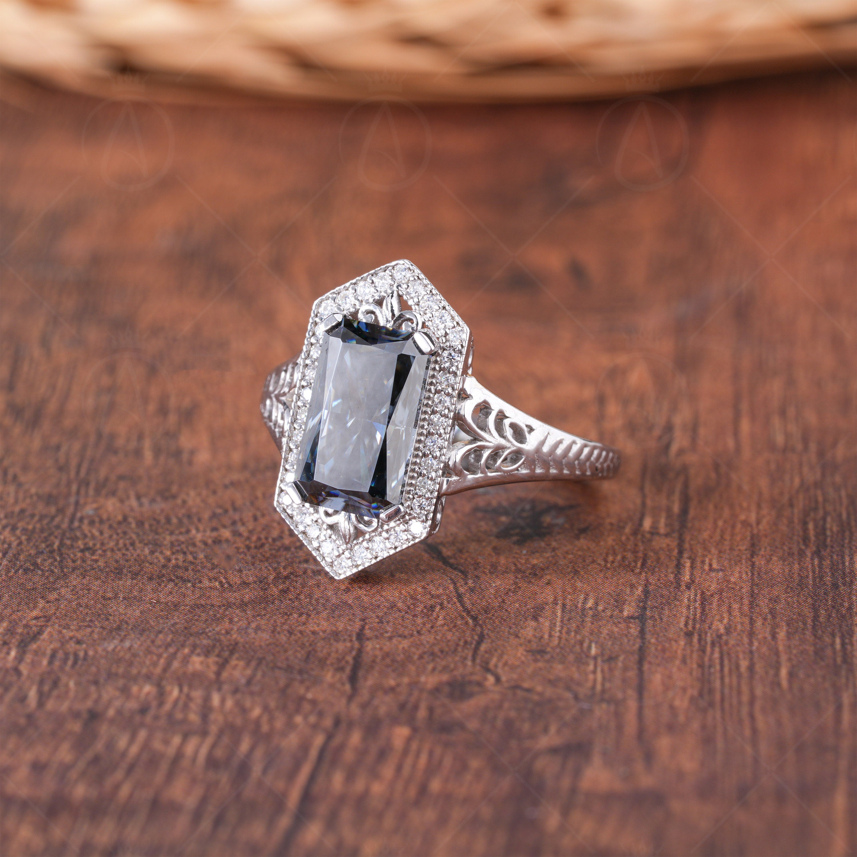 Hexagon Shape Filigree Engagement Ring, Grey Elongated Radiant Cut Moissanite Halo Ring, Unique Art Deco Rings For Women, Gray Stone Ring
