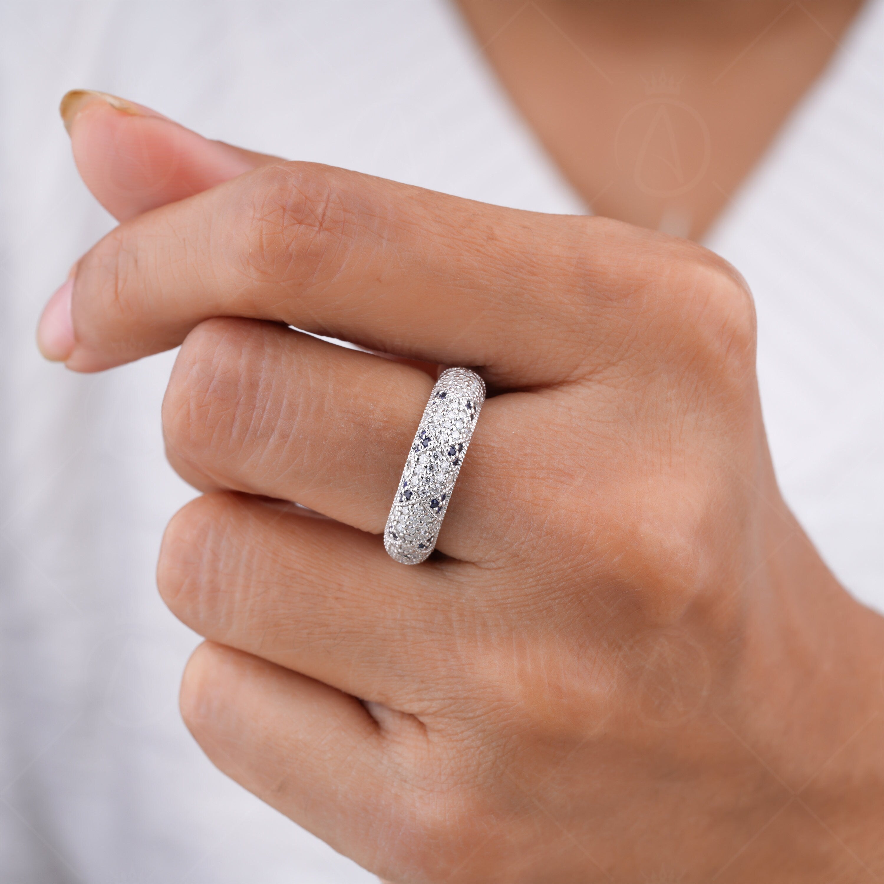 Moissanite Estate Wedding Bands Women, Natural Sapphire Dome Statement Ring, Art Deco Vintage Milgrain Band, Unique Full Eternity Band