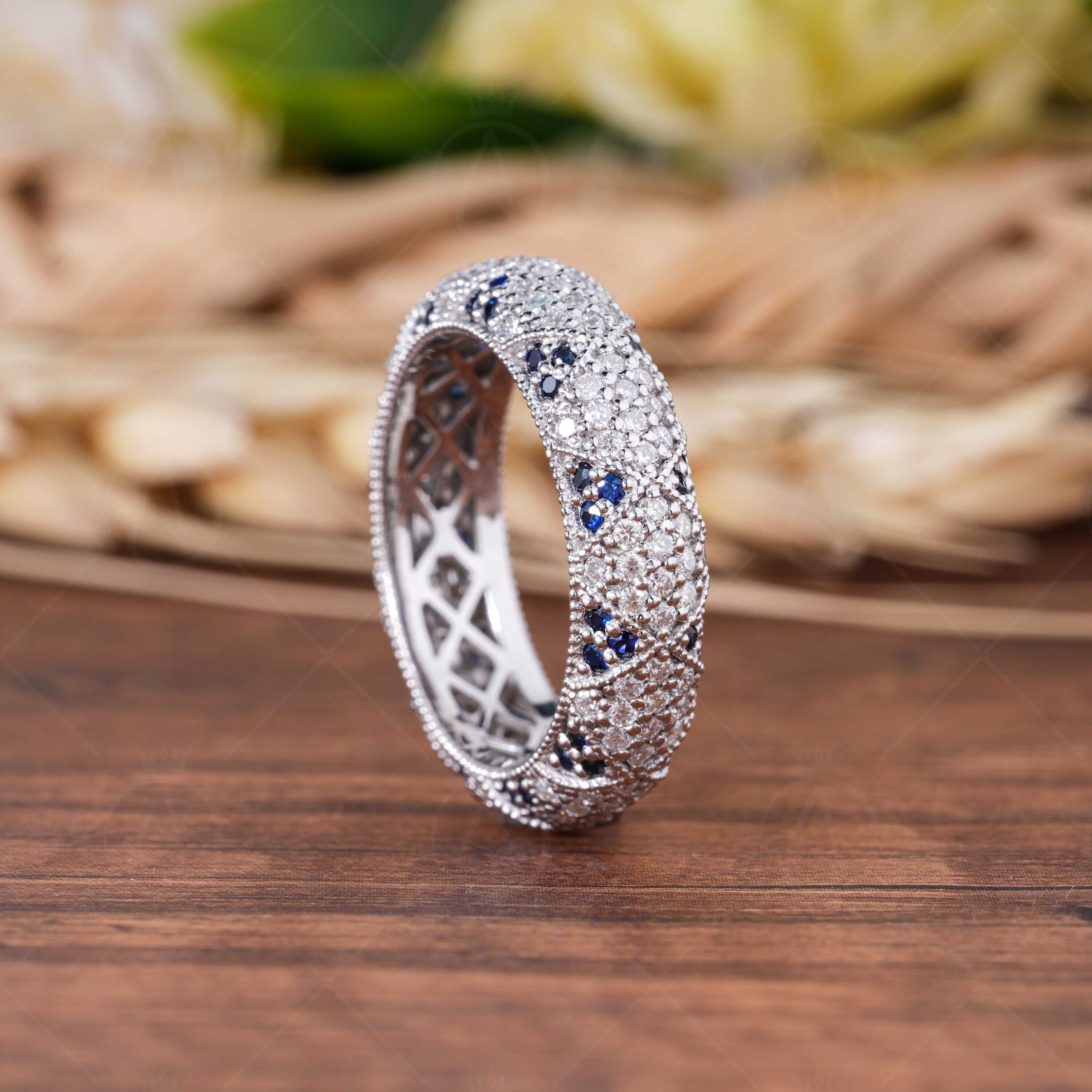 Moissanite Estate Wedding Bands Women, Natural Sapphire Dome Statement Ring, Art Deco Vintage Milgrain Band, Unique Full Eternity Band
