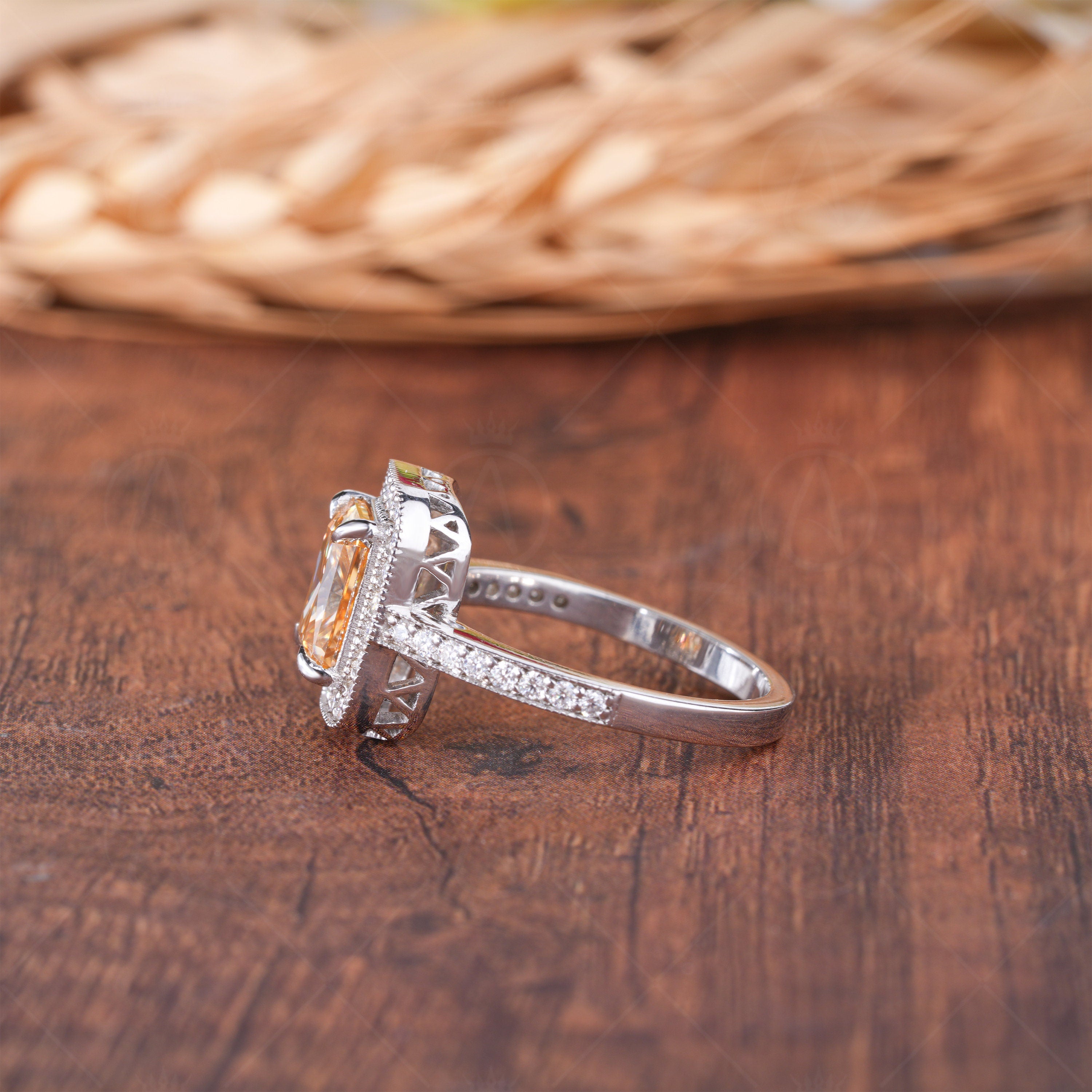 Champagne Color Radiant Cut Halo Engagement Ring, Art Deco Milgrain Moissanite Rings For Women, Unique Estate Jewelry Rings, Vintage Halo Ring, Brown Color Stone Ring